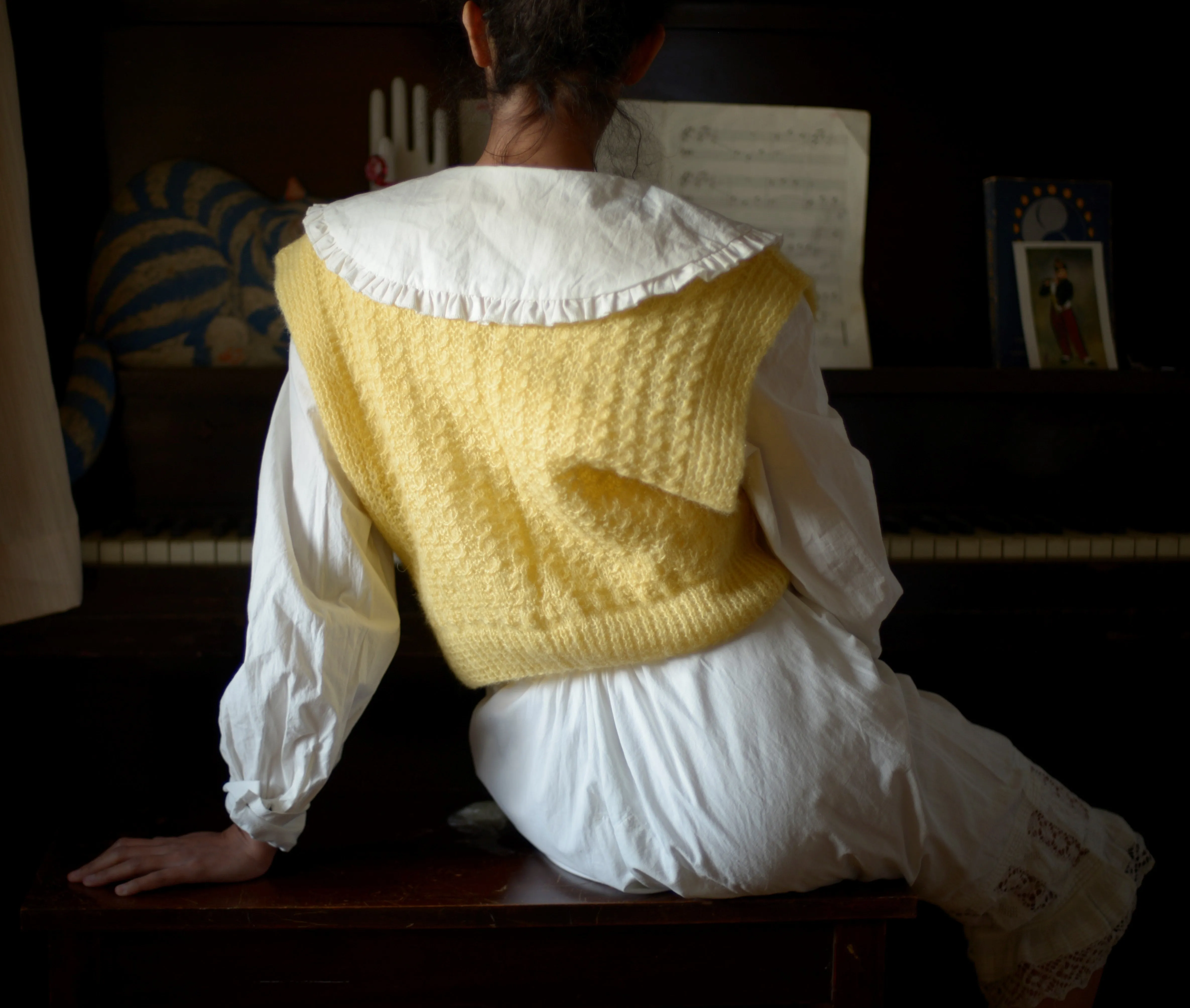 80s yellow hand knit mohair wool gilet, one size