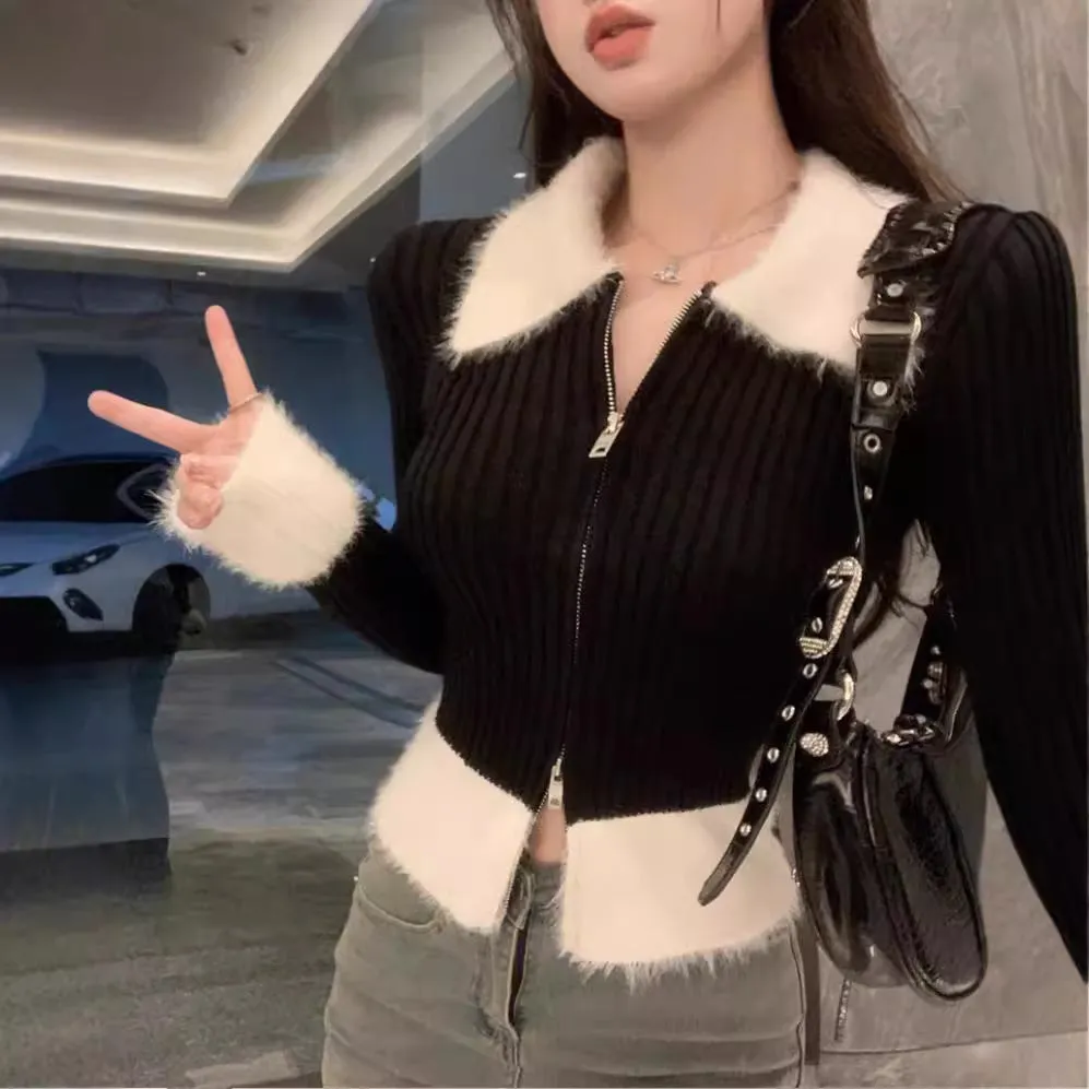 Aiertu joker costume female outfit Sweet and Spicy Fur Collar Knitted Cardigan Women's Niche Double Zipper Slimming Short Sweater