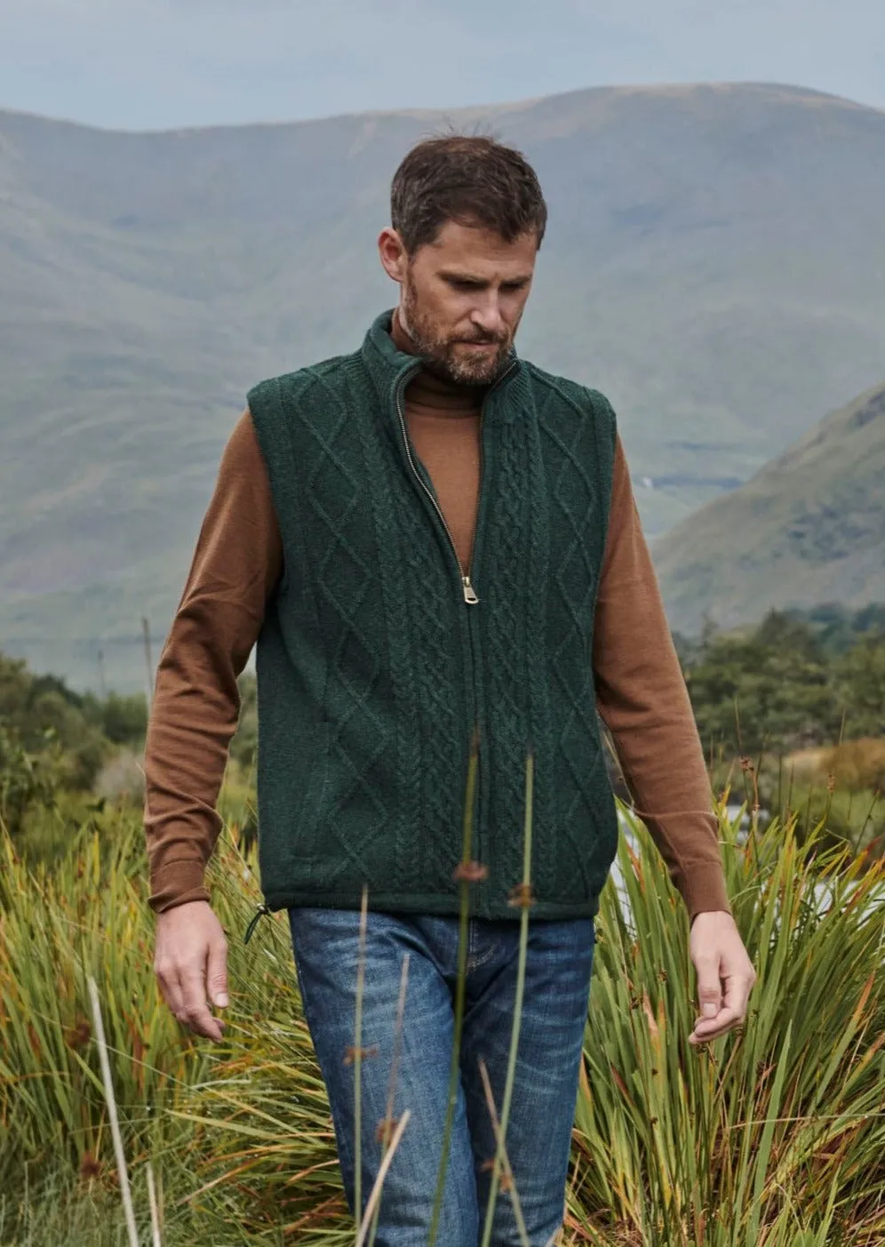 Aran Full Zip Fleece Gilet | Green