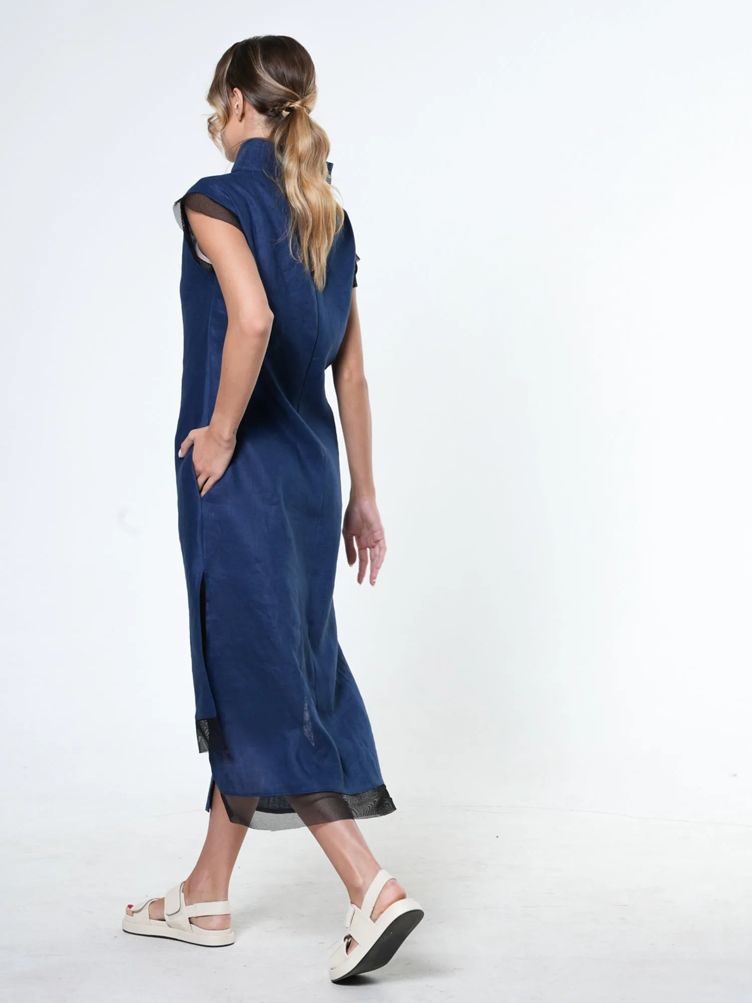 Asymmetrical Linen Dress In Navy Blue