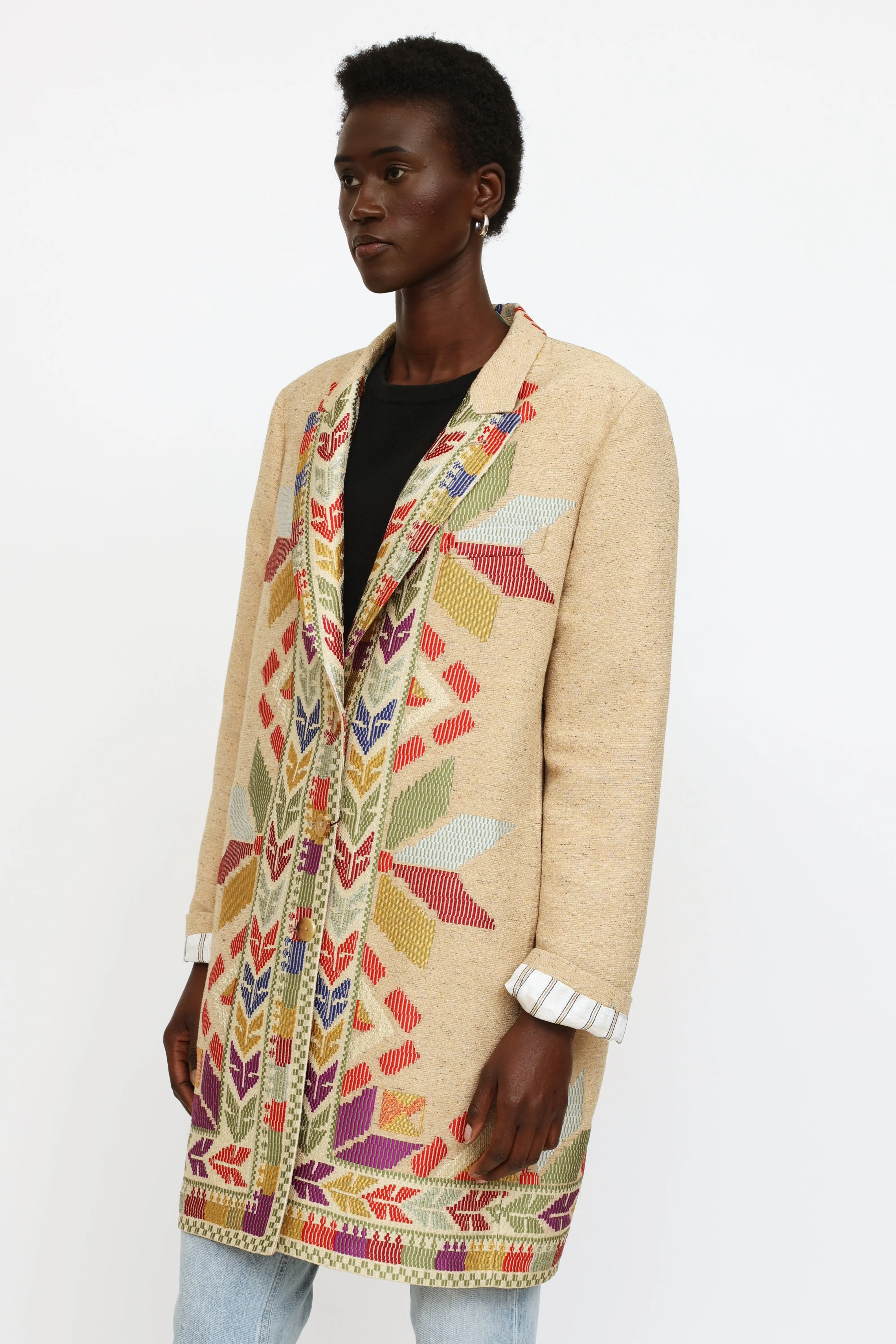 Beige Embroidered Pattern Coat