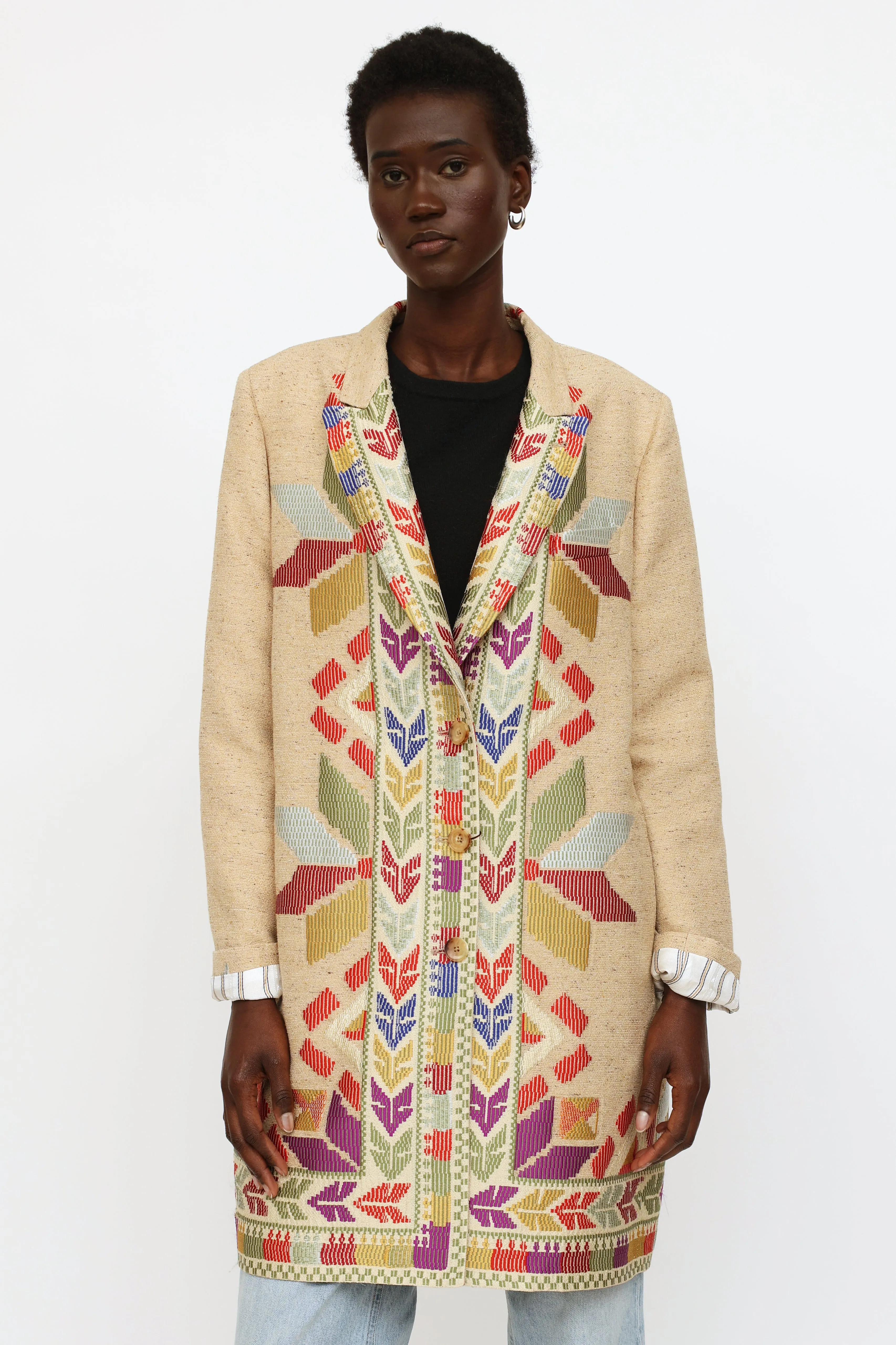 Beige Embroidered Pattern Coat