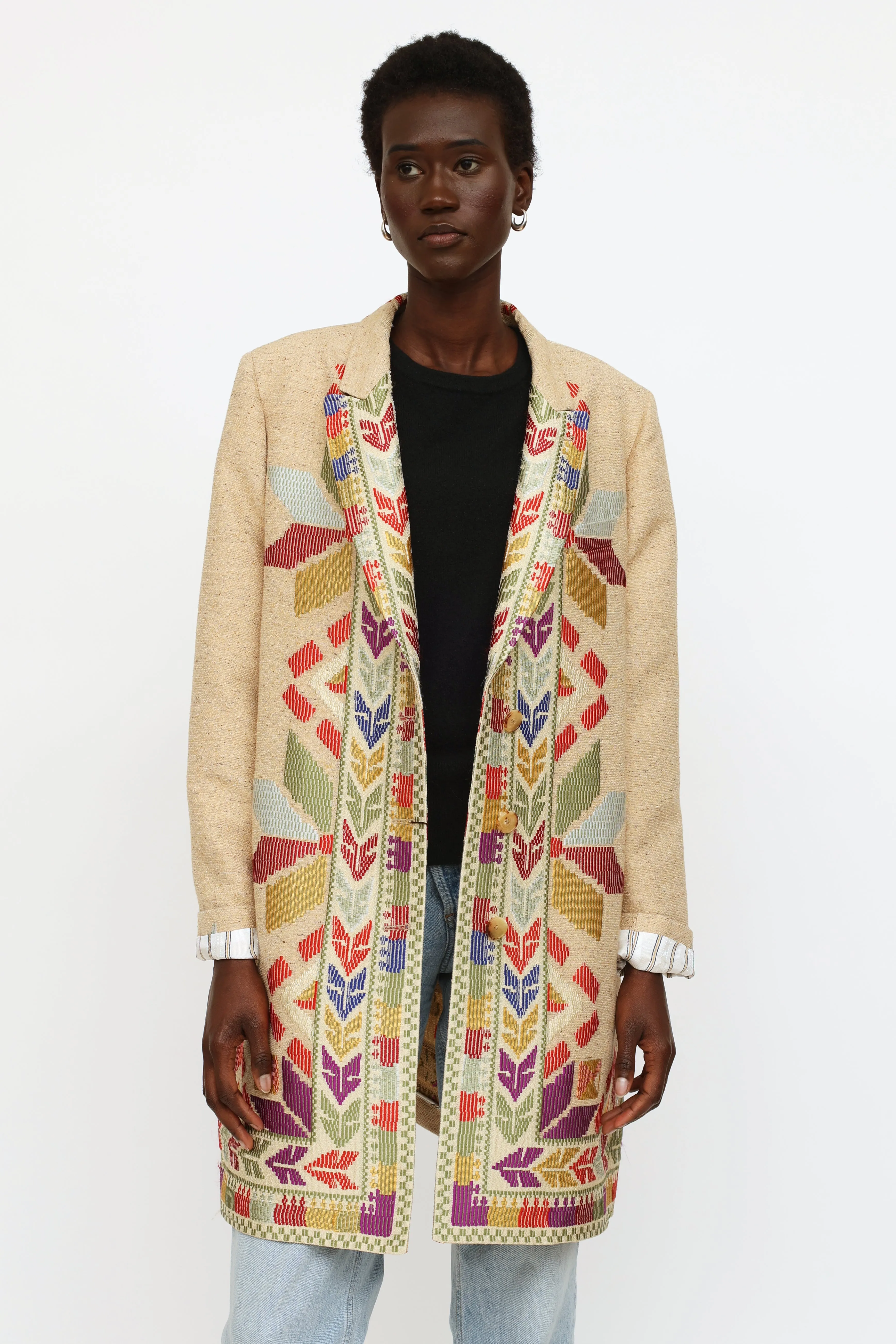 Beige Embroidered Pattern Coat