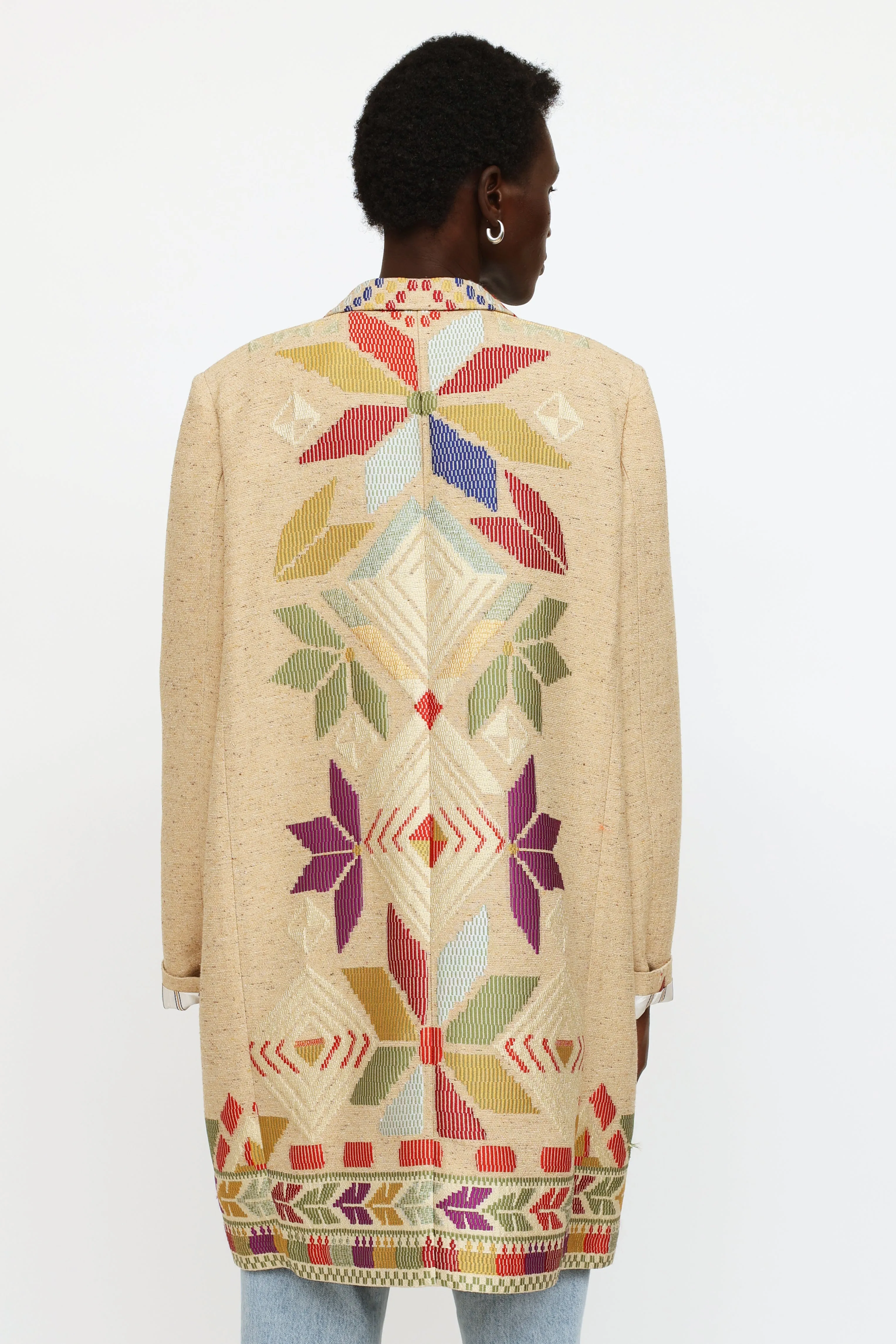 Beige Embroidered Pattern Coat