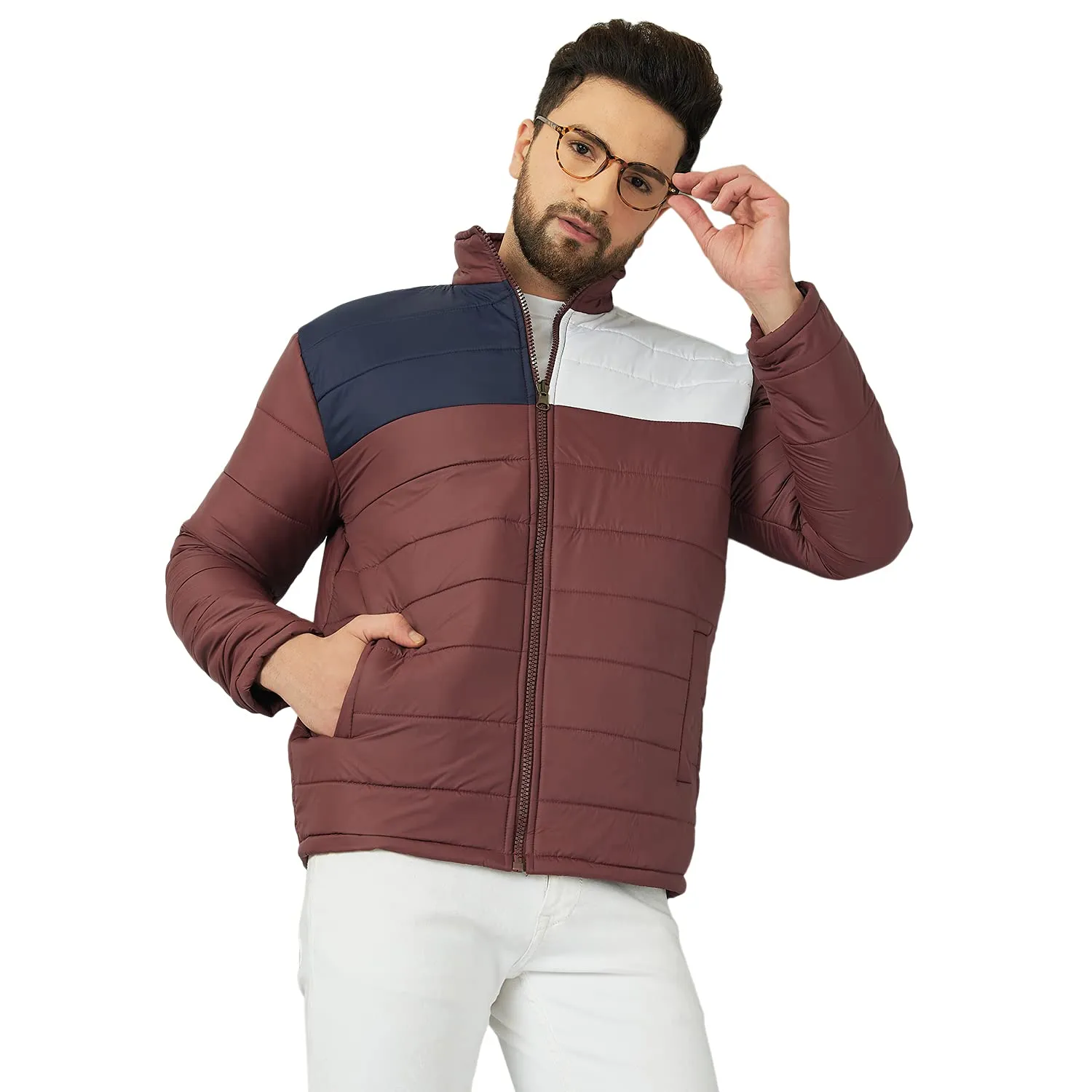 Ben Martin Men's Regular Fit Quilted Nylon Casual Jacket, Navy-White-Maroon Medium