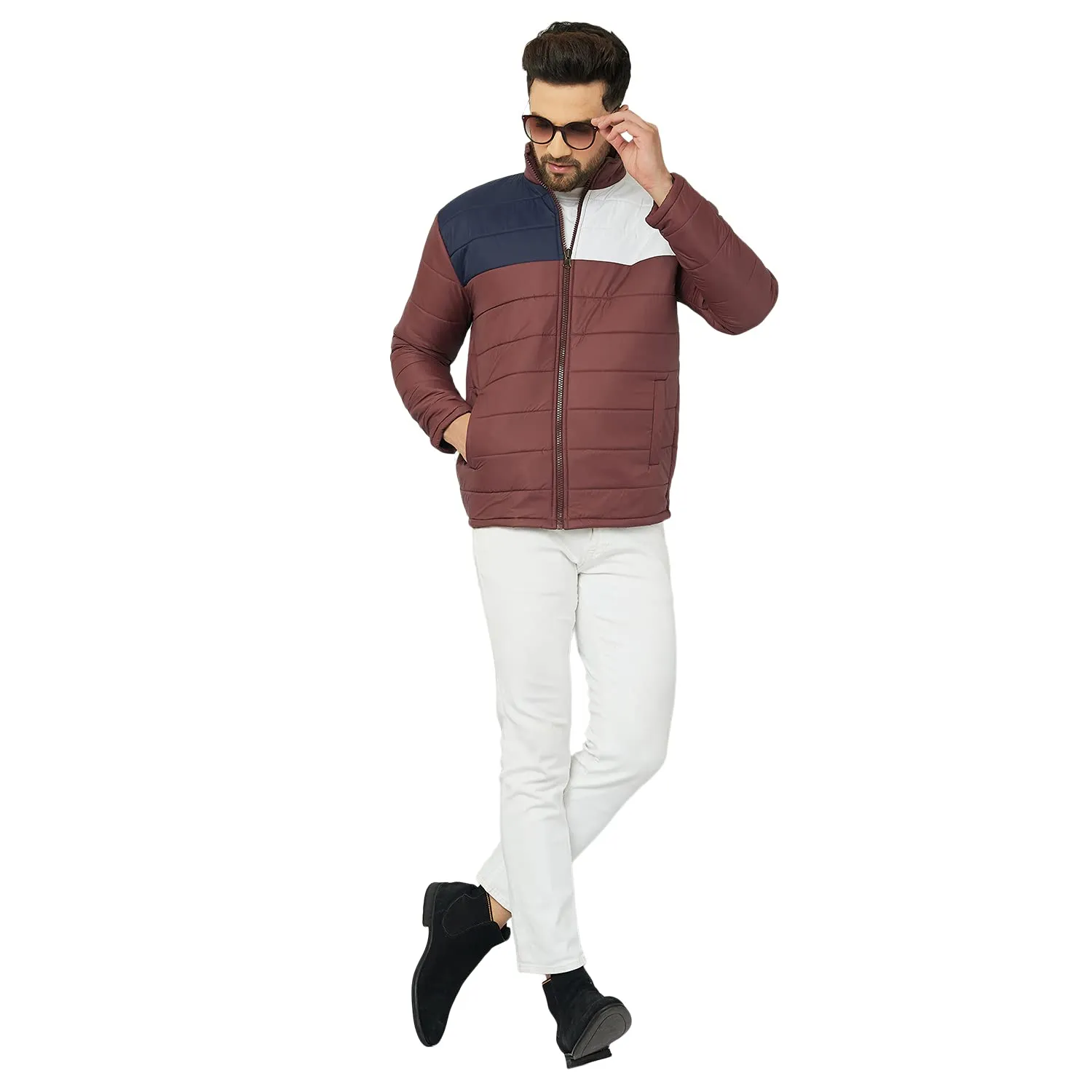 Ben Martin Men's Regular Fit Quilted Nylon Casual Jacket, Navy-White-Maroon Medium