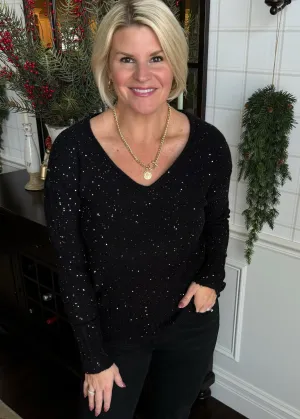 Black & Gold Sequin V-Neck Sweater