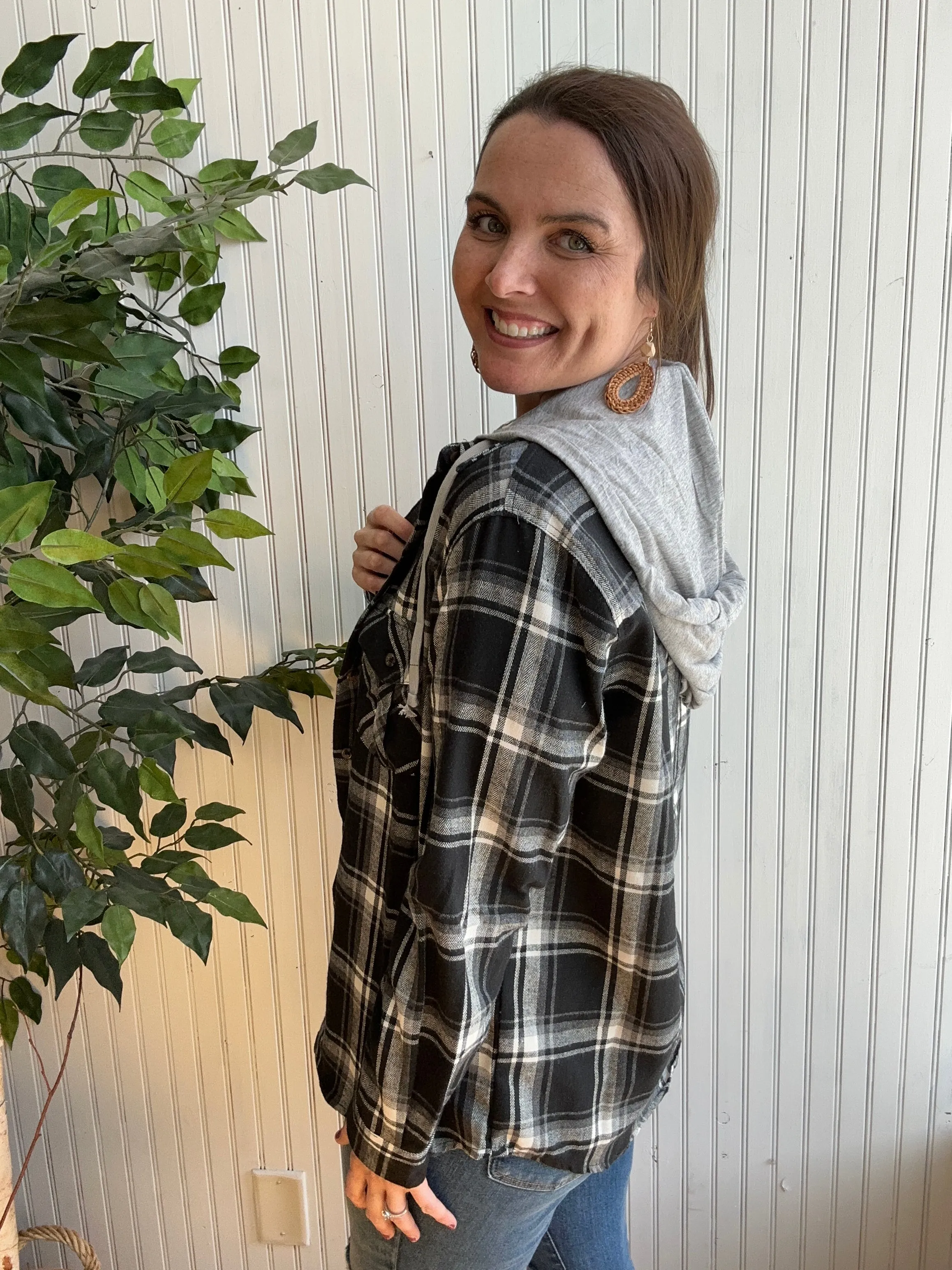 Black & White Lightweight Plaid Shacket with Hood-Plus