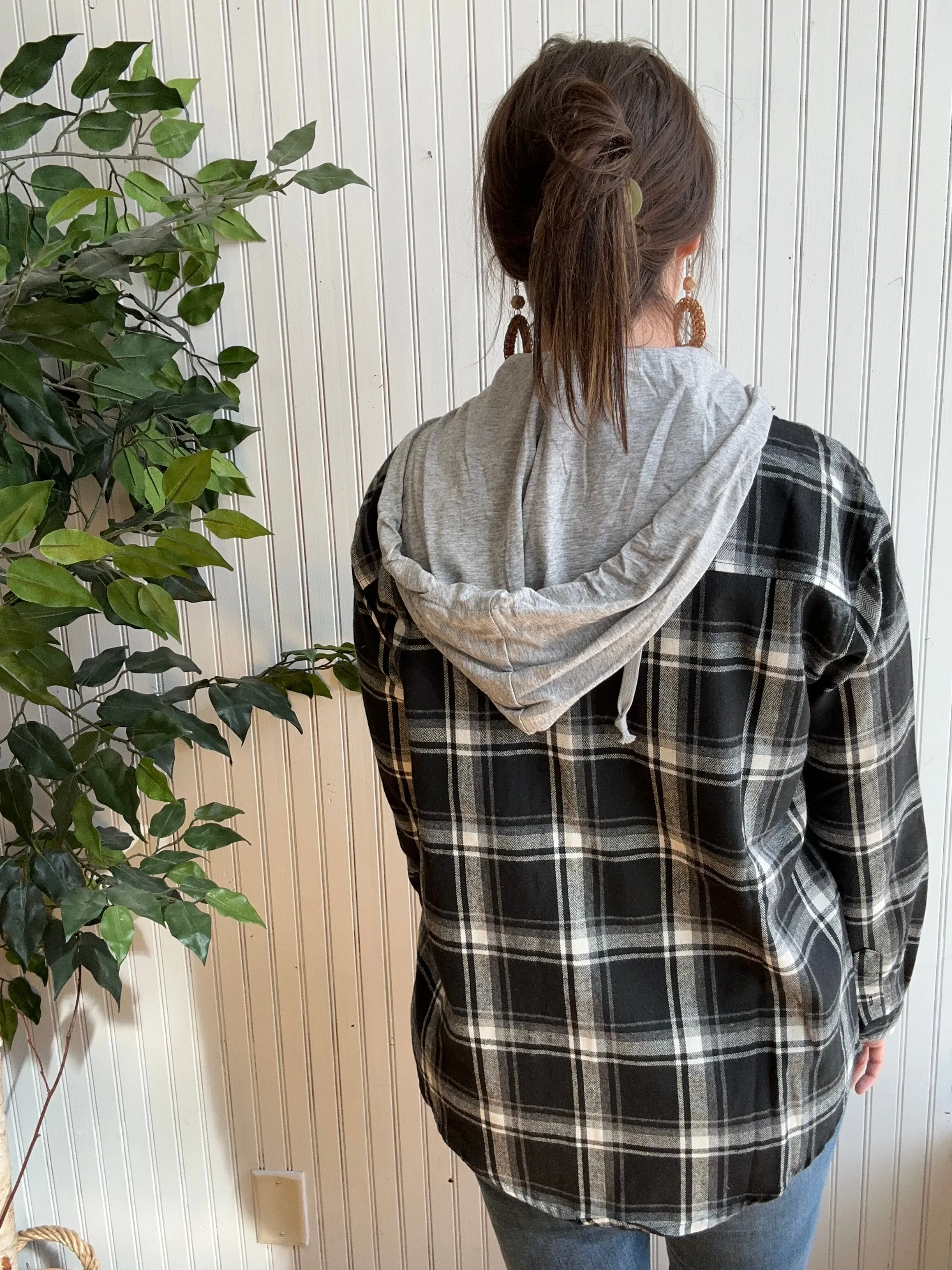 Black & White Lightweight Plaid Shacket with Hood