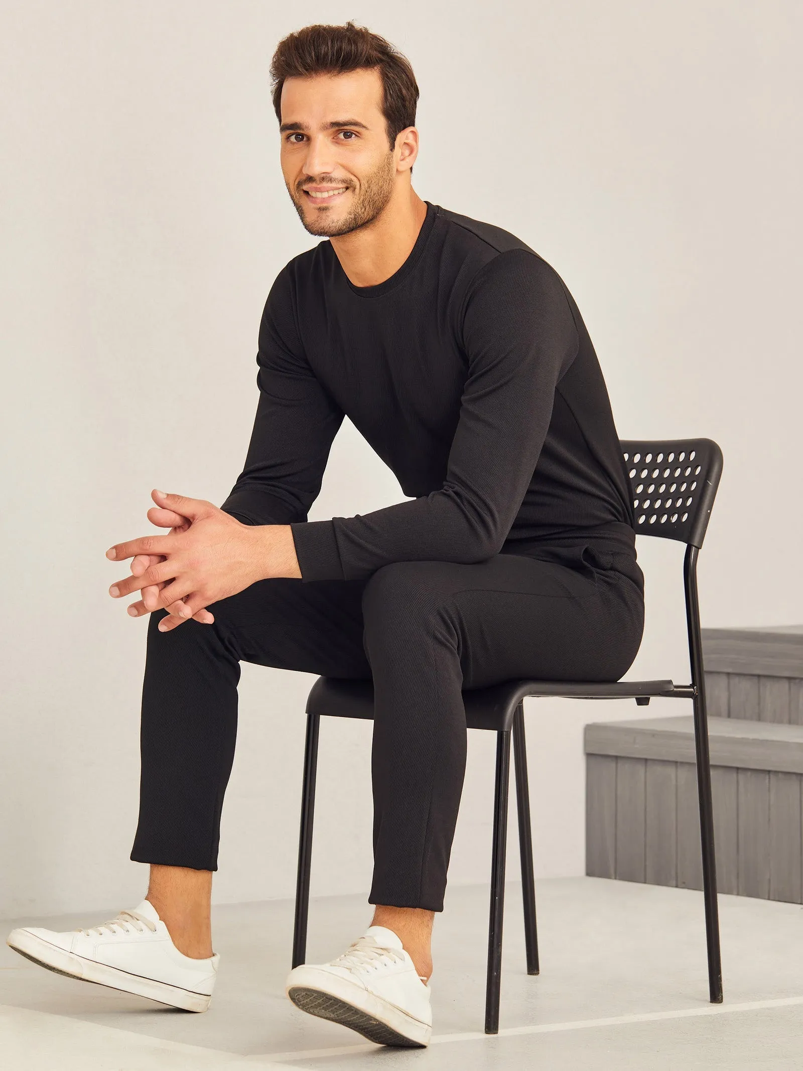 Black Textured 4-Way Stretch Track Pant