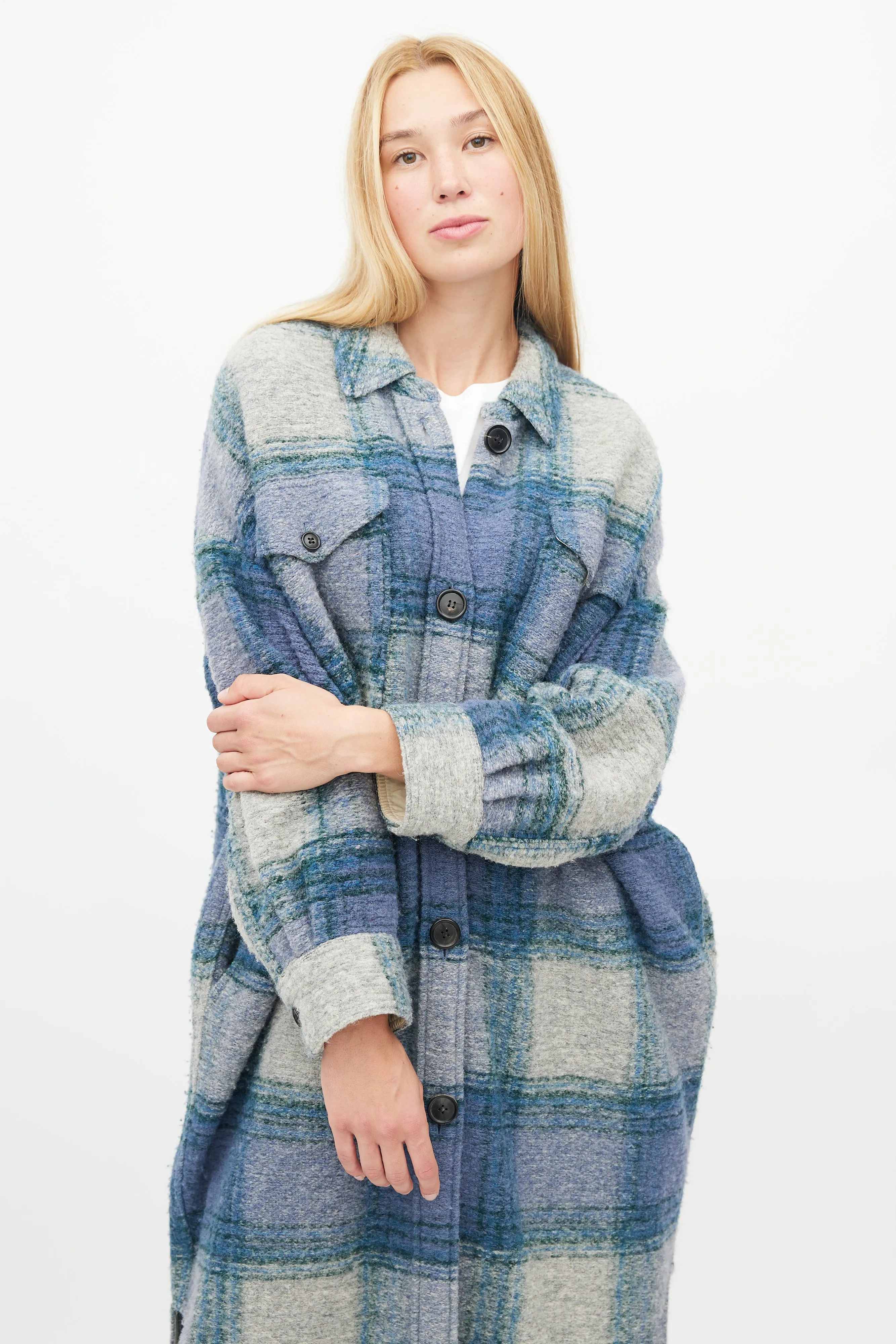 Blue & Grey Plaid Button Up Coat