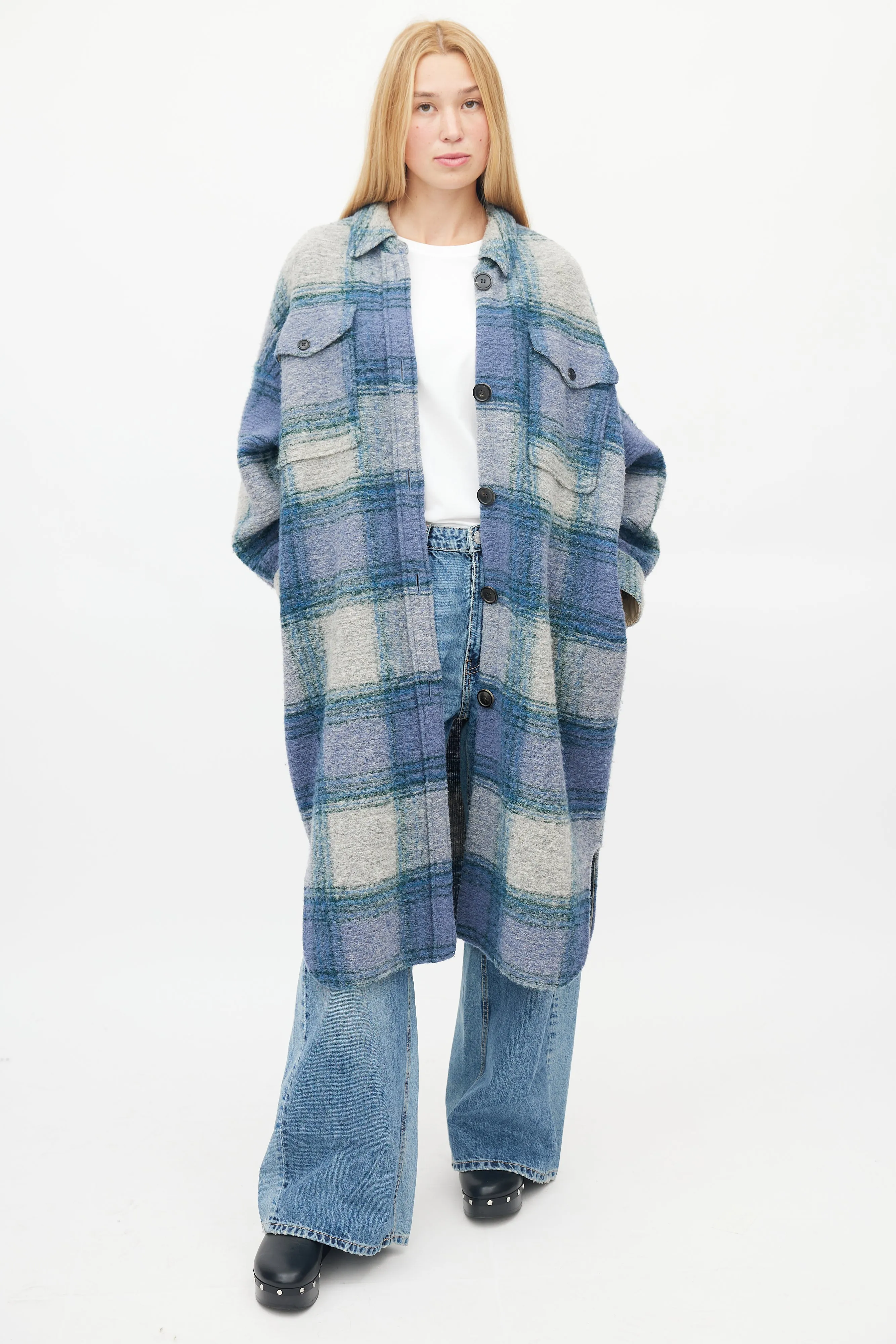 Blue & Grey Plaid Button Up Coat