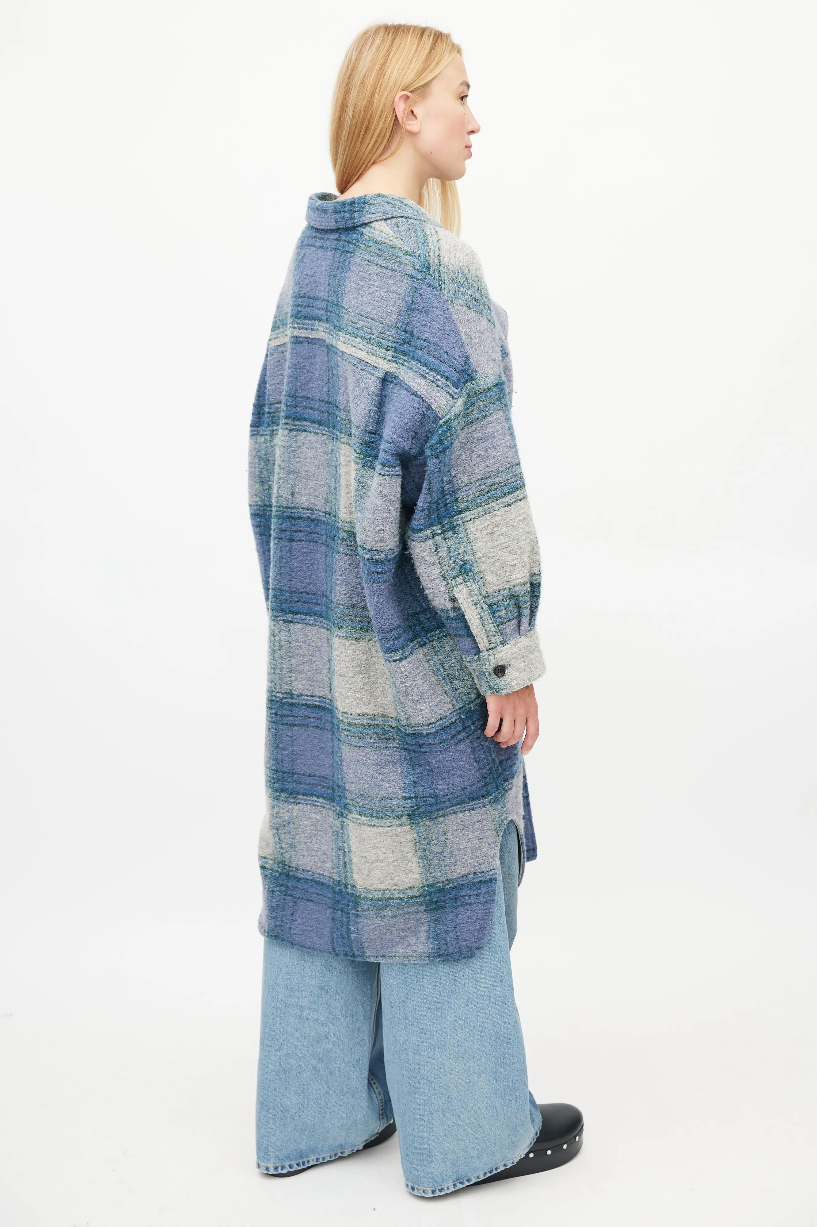 Blue & Grey Plaid Button Up Coat