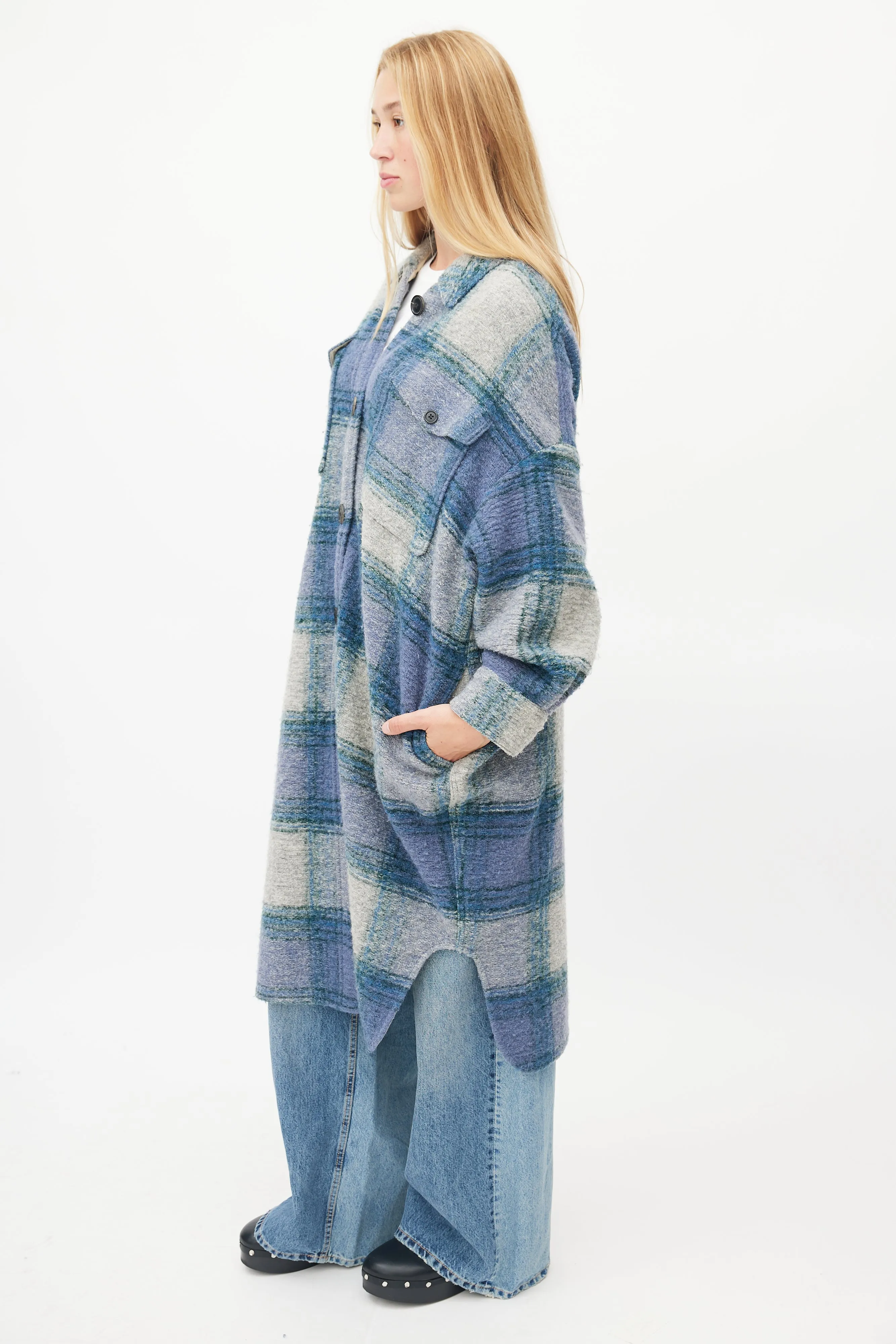 Blue & Grey Plaid Button Up Coat