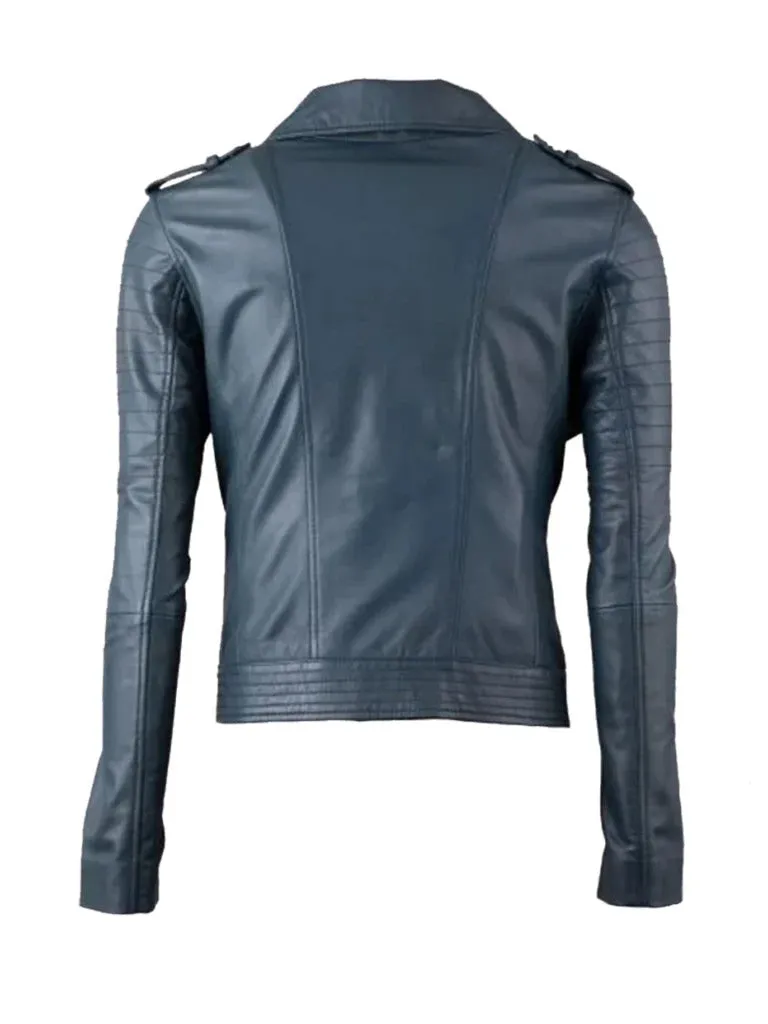 Blue Quilted Biker Leather Jacket