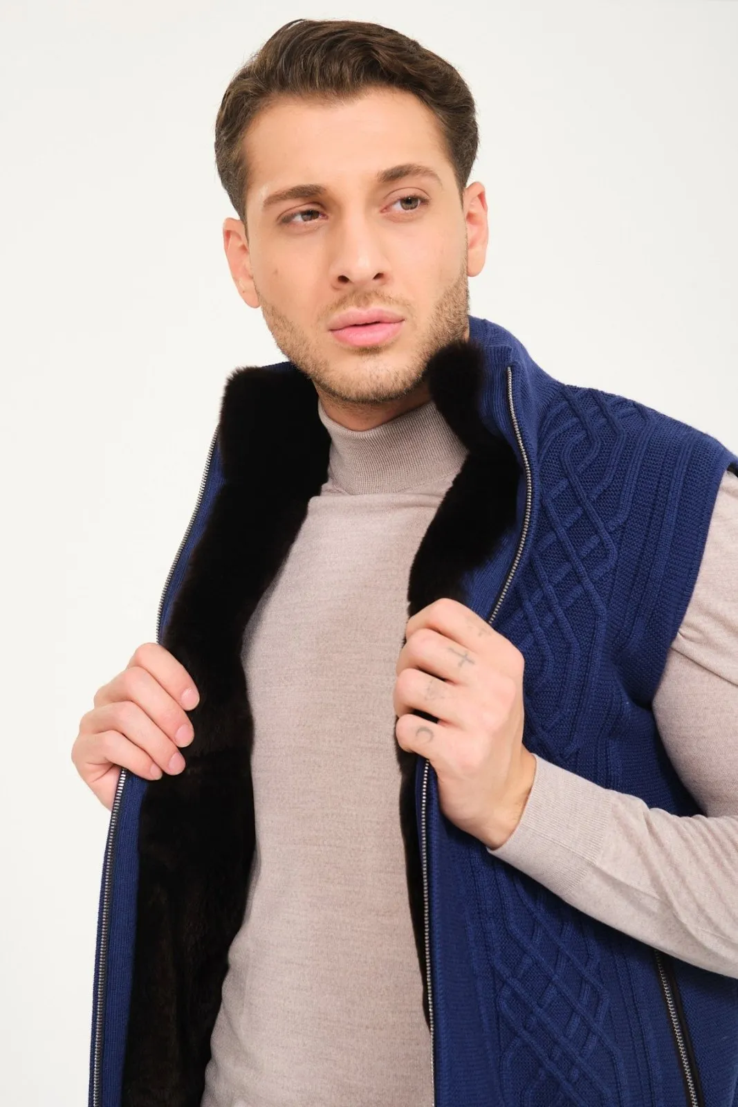 Blue Wool & Rex Fur Knit Vest