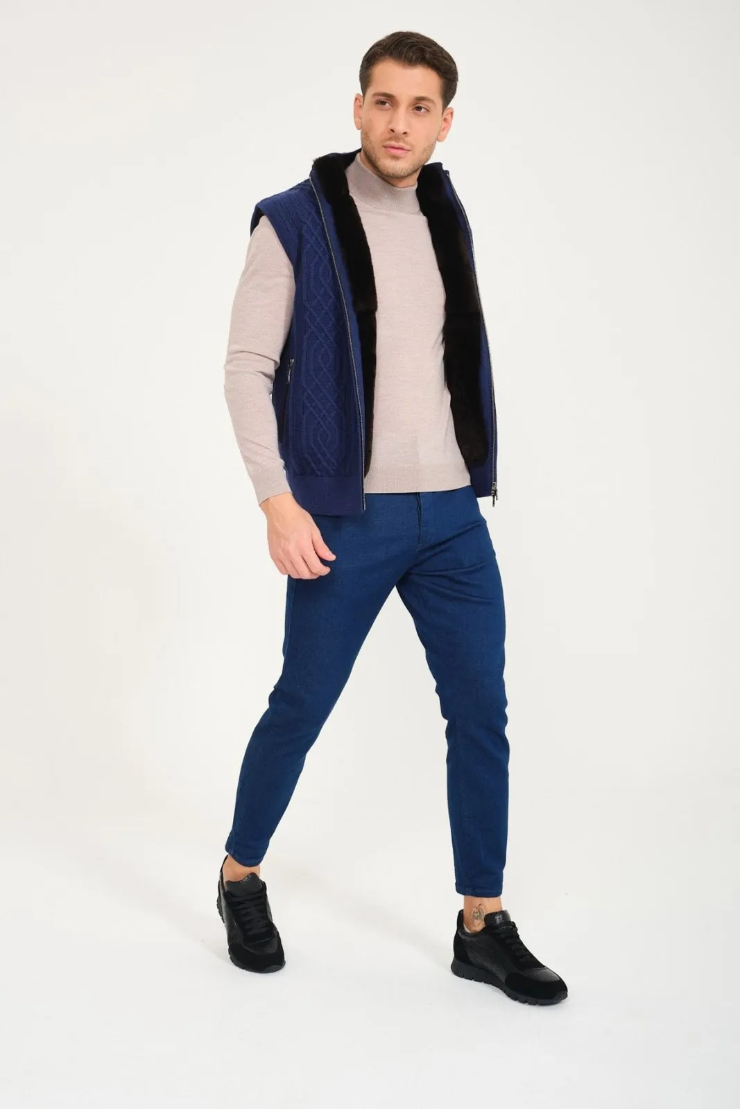 Blue Wool & Rex Fur Knit Vest