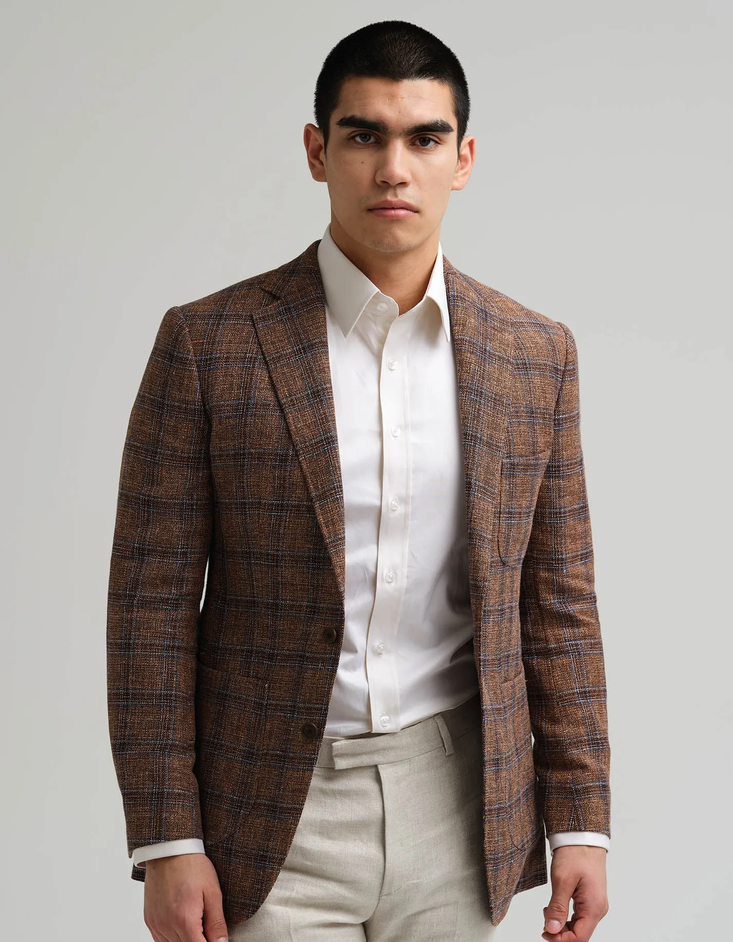 Brown & Navy Check Wool Linen Jacket