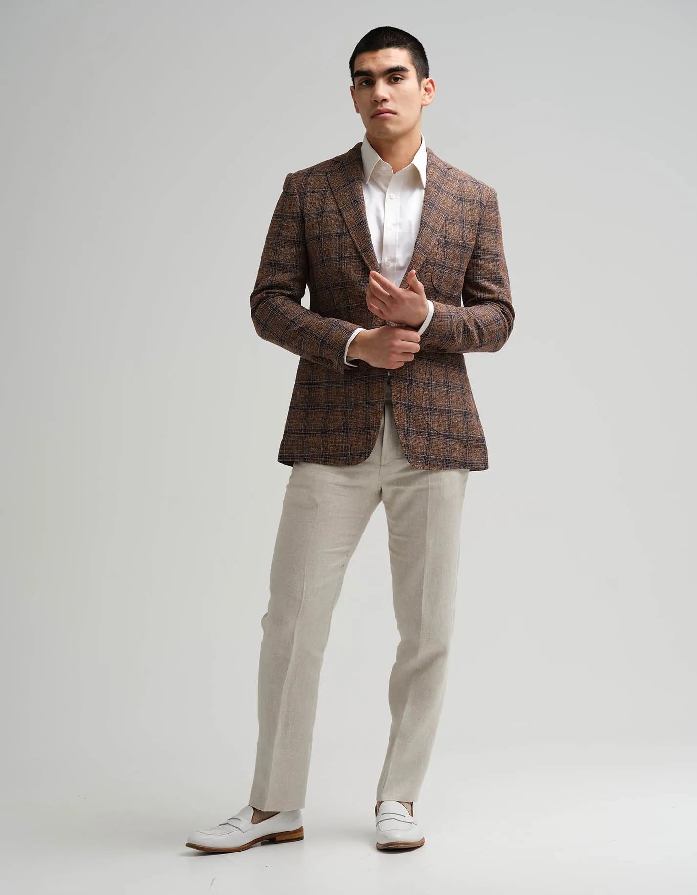 Brown & Navy Check Wool Linen Jacket