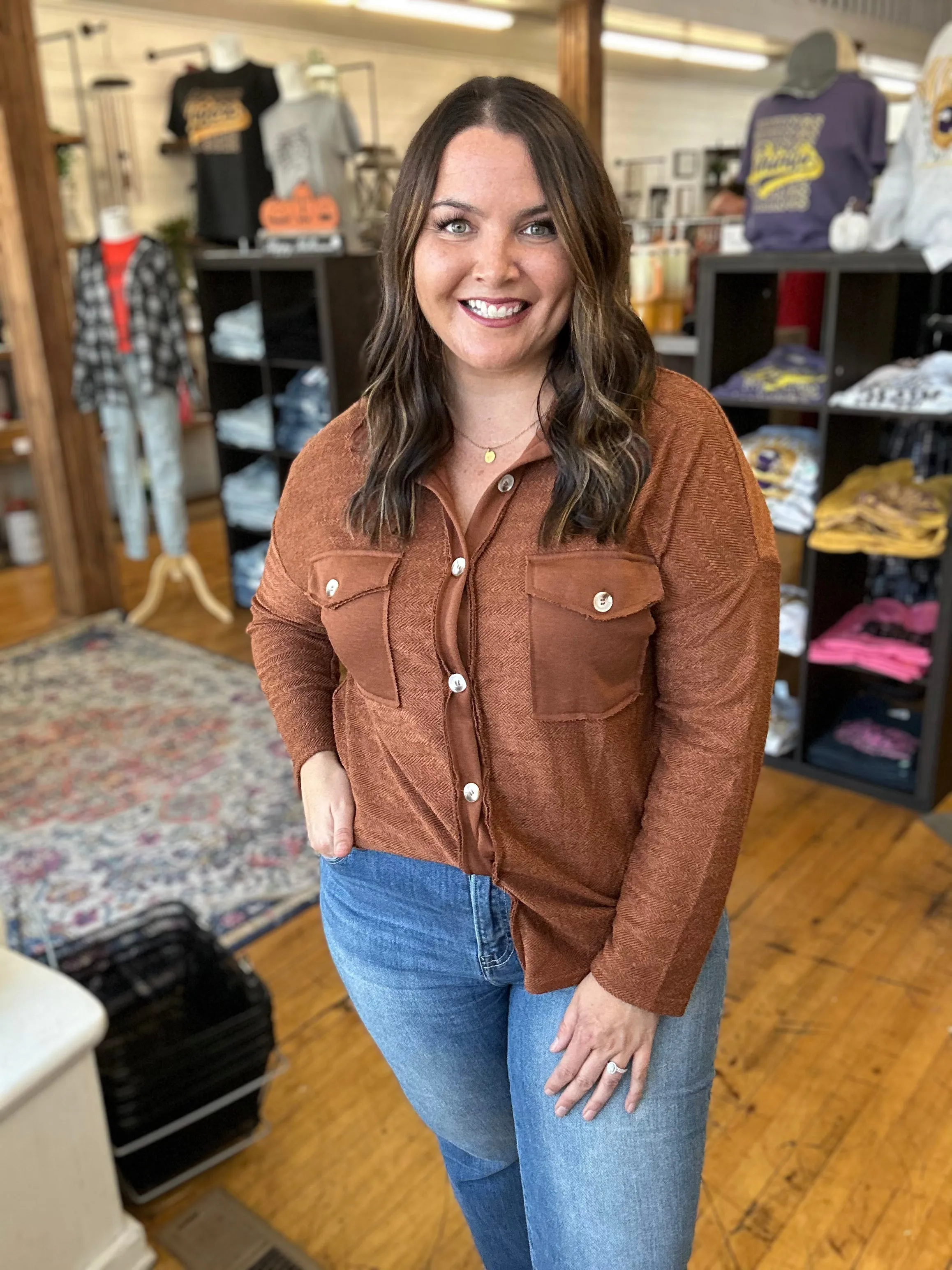 Brown Solid Color Textured Button Up Shacket with Pockets - Plus