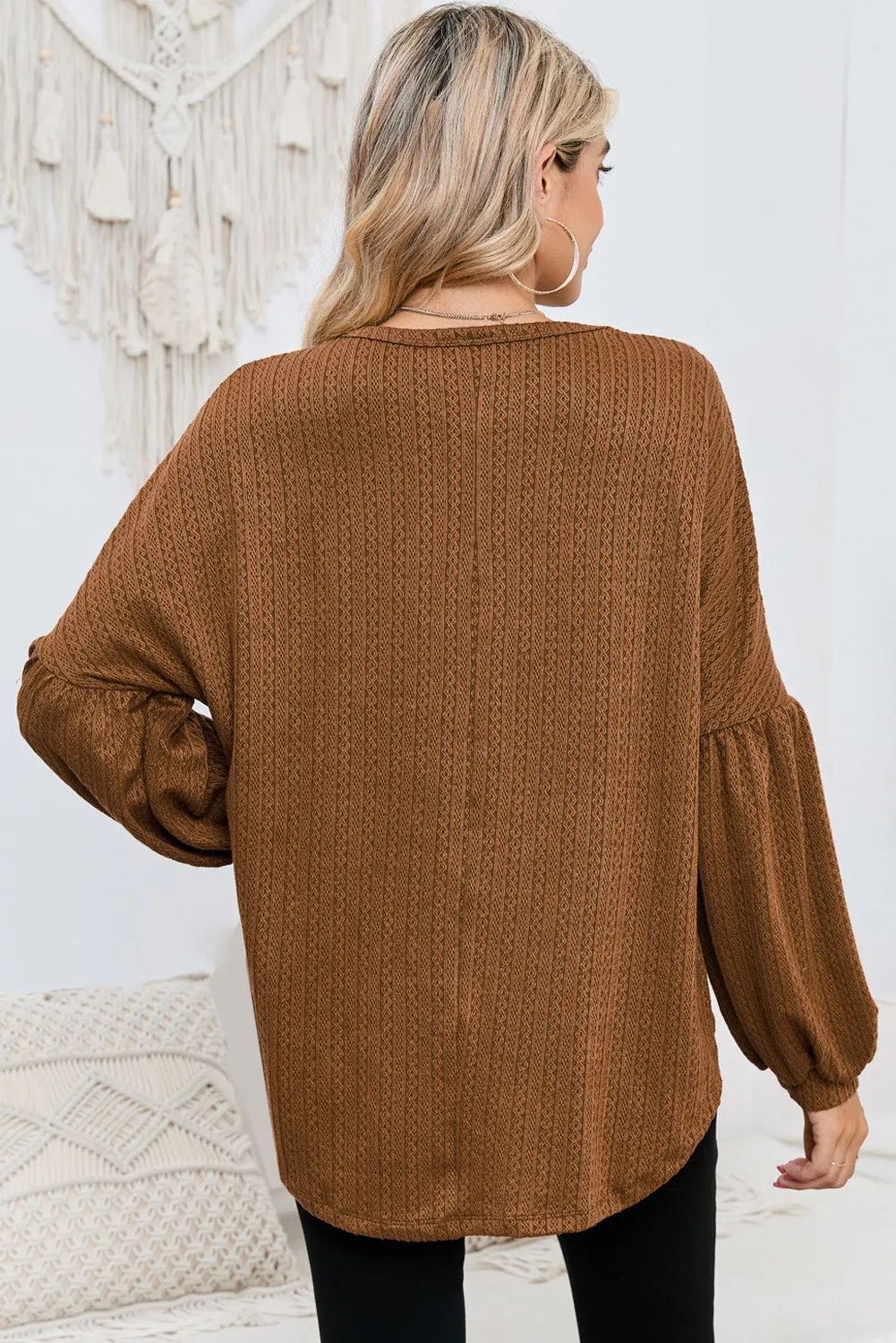 Brown Solid Color Textured Pullover Casual Long Sleeve Top