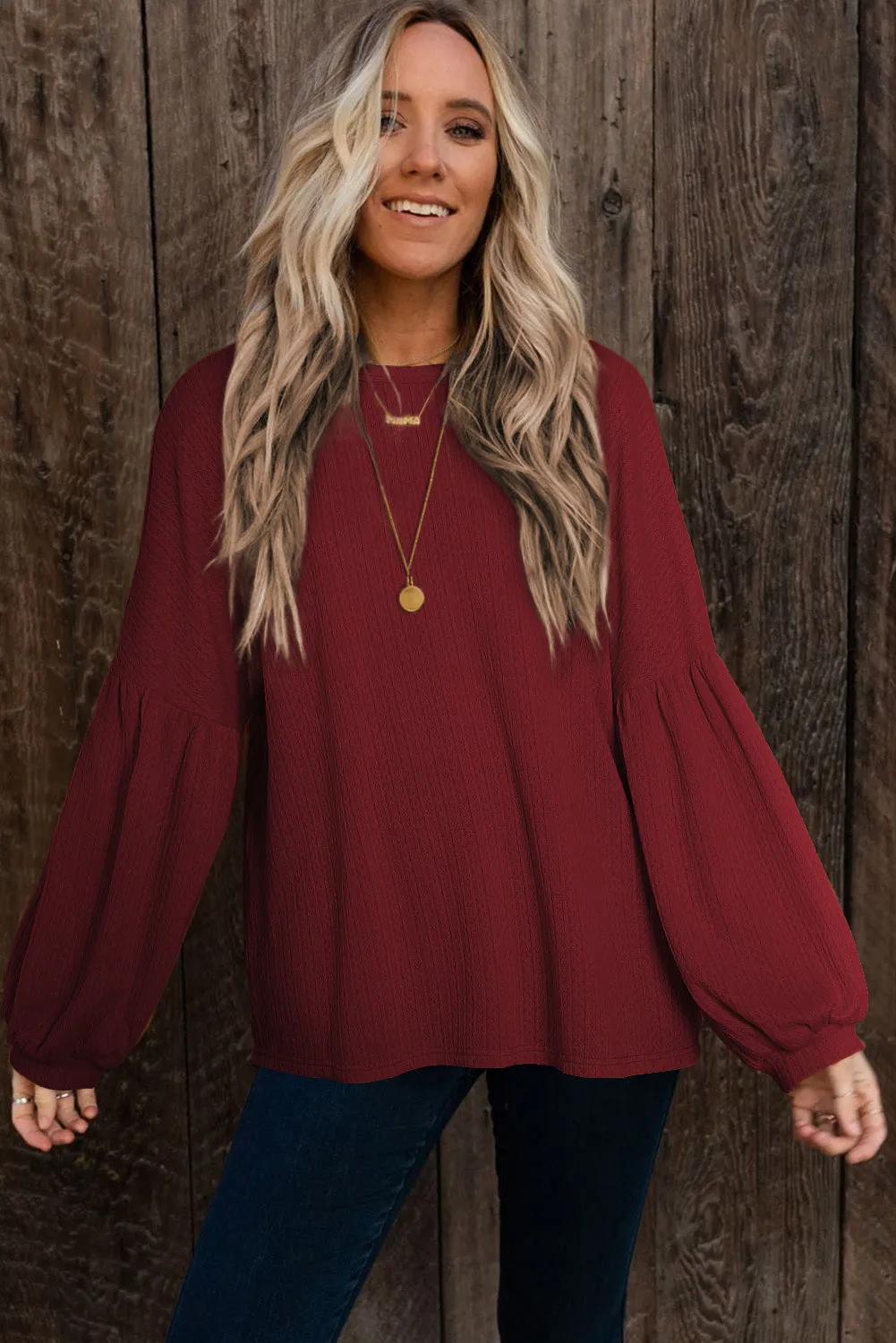 Brown Solid Color Textured Pullover Casual Long Sleeve Top