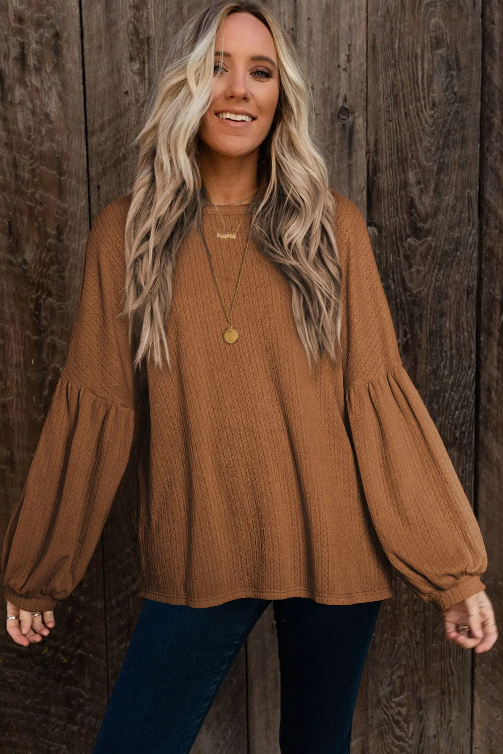 Brown Solid Color Textured Pullover Casual Long Sleeve Top