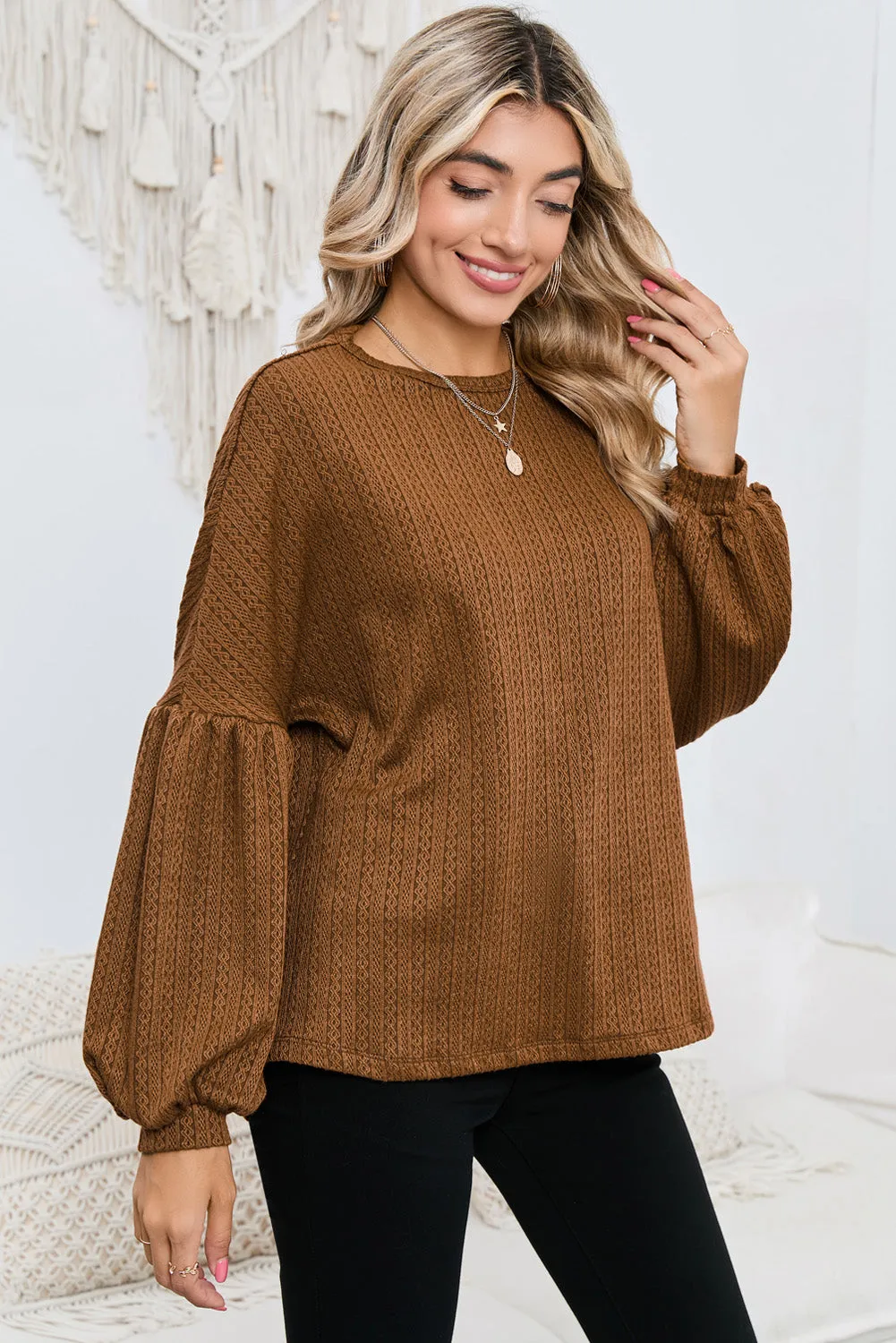 Brown Solid Color Textured Pullover Casual Long Sleeve Top