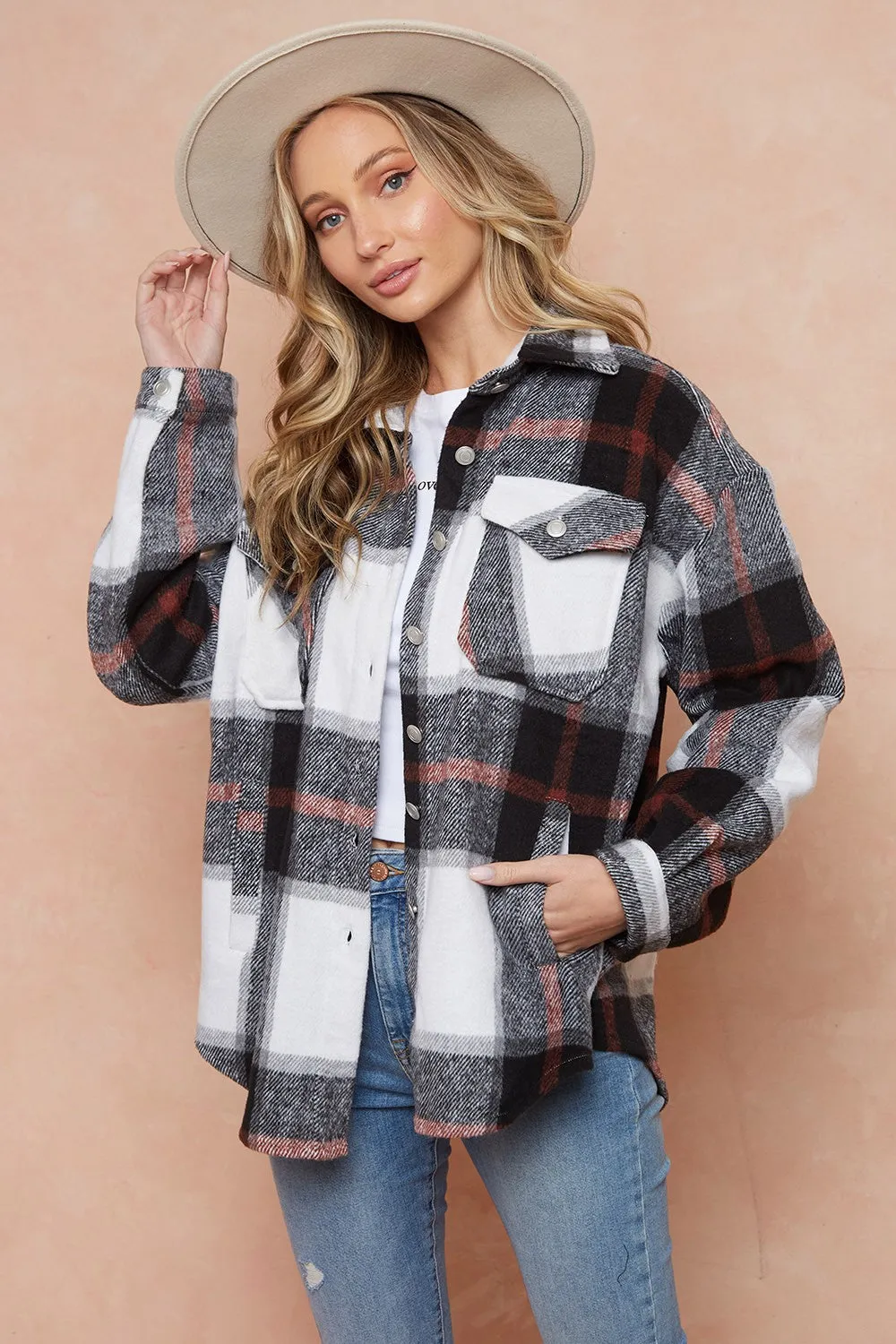 Brushed Flannel Plaid Lapel Button Down Shacket Shirt Jacket