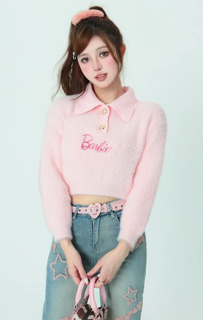 Bubblegum Plush Fur Polo Collar Knit Pastel Pink Sweater