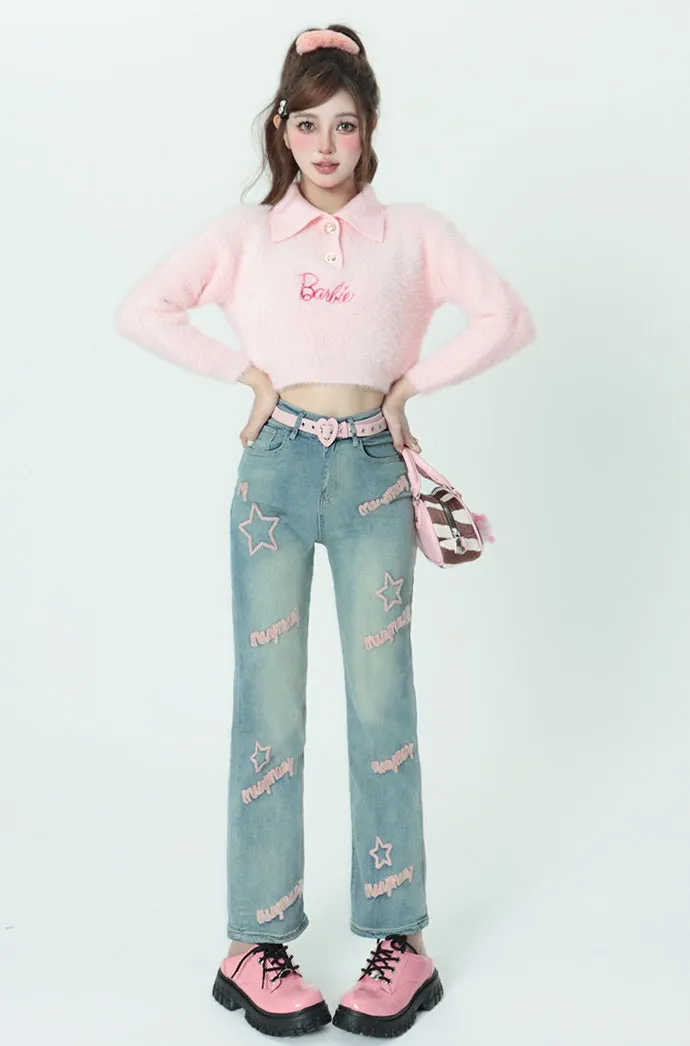 Bubblegum Plush Fur Polo Collar Knit Pastel Pink Sweater