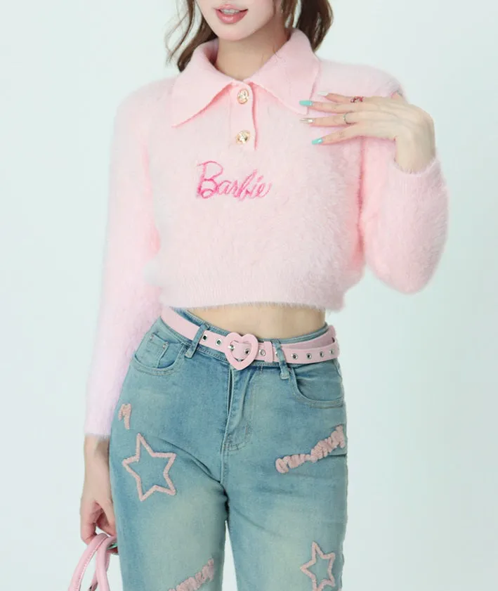 Bubblegum Plush Fur Polo Collar Knit Pastel Pink Sweater