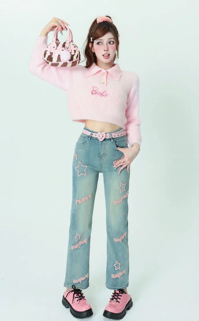 Bubblegum Plush Fur Polo Collar Knit Pastel Pink Sweater