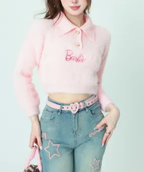 Bubblegum Plush Fur Polo Collar Knit Pastel Pink Sweater