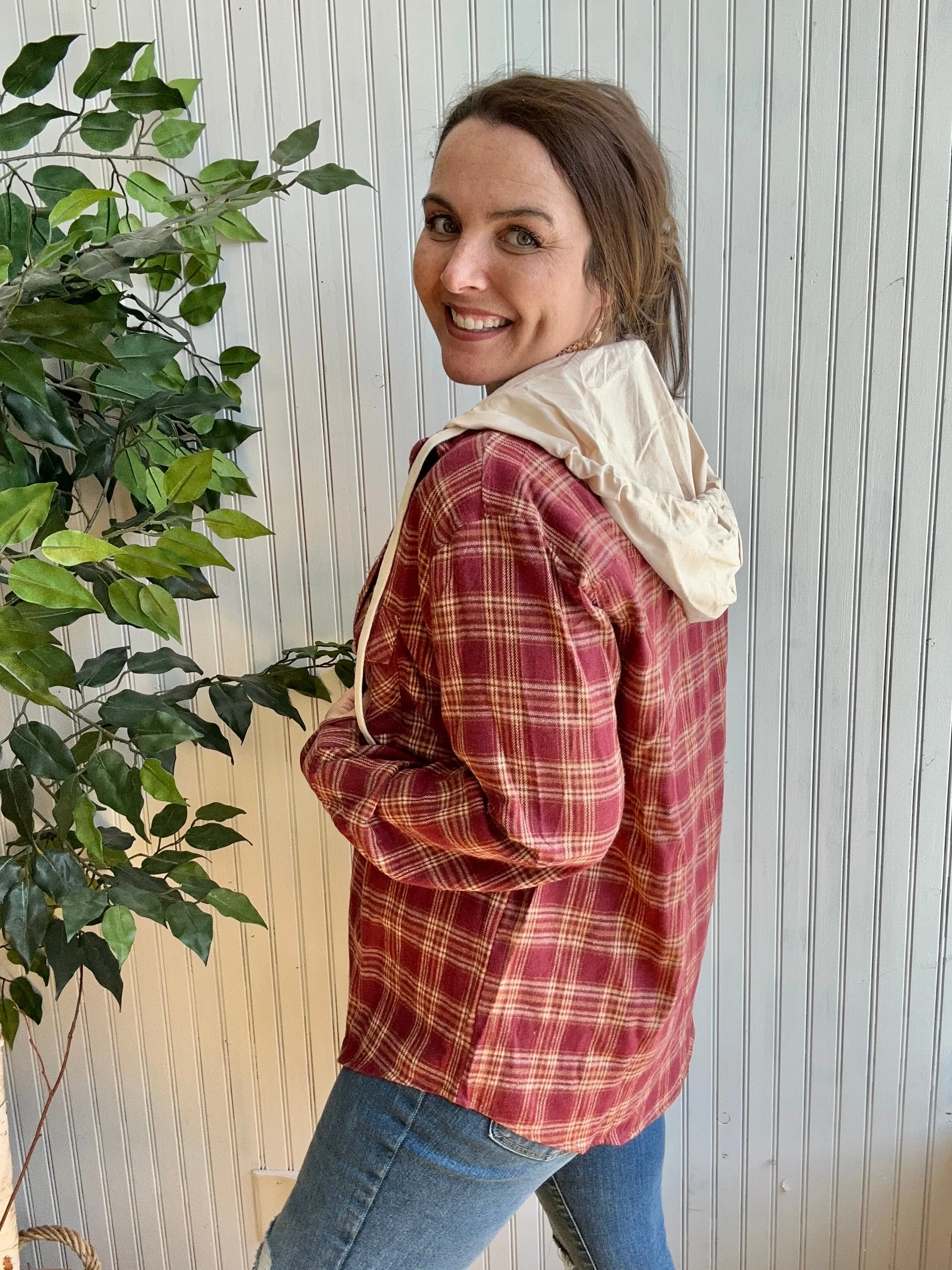 Burgundy/Taupe Lightweight Plaid Shacket with Hood