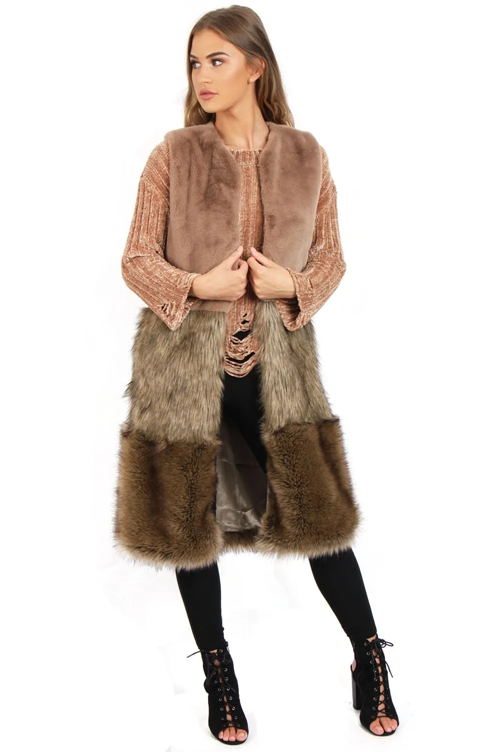 Camel Maxi Fleece Faux Fur Gilet