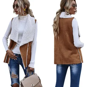 Casual Two Ways Wear Big Lapel Waistcoat Fashion Sleeveless Simple Stitching Lamb Wool Vest Women Autumn Winter Coat Suede Tank