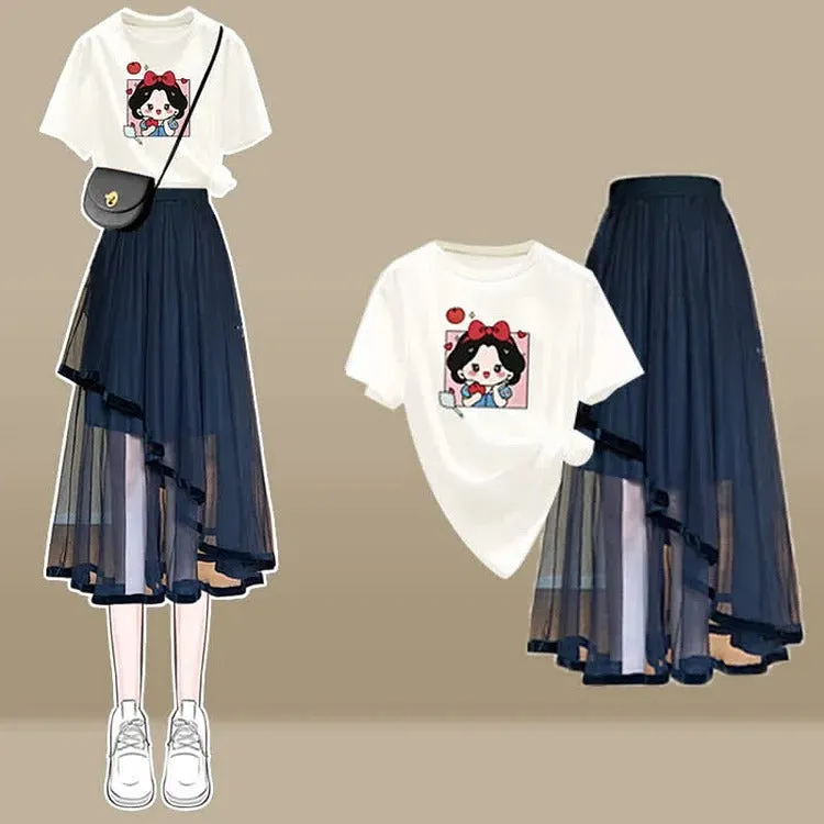 Chic Cartoon Print T-Shirt Irregular Tulle Skirt Two Piece Set