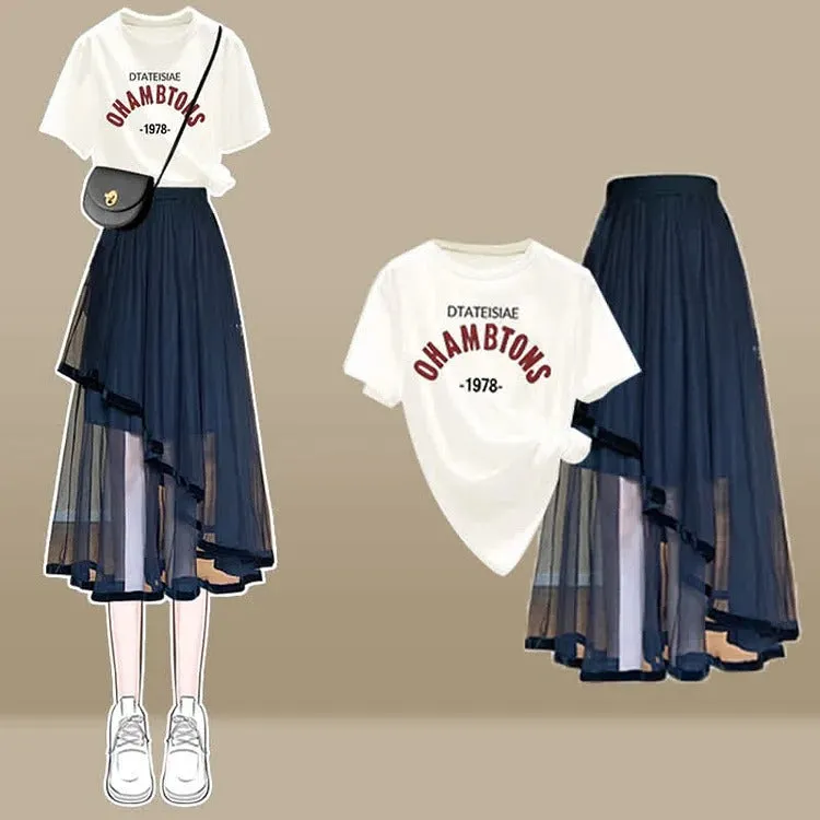 Chic Cartoon Print T-Shirt Irregular Tulle Skirt Two Piece Set