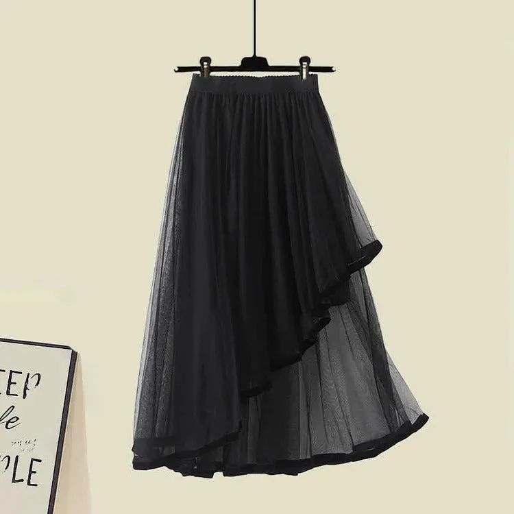 Chic Cartoon Print T-Shirt Irregular Tulle Skirt Two Piece Set