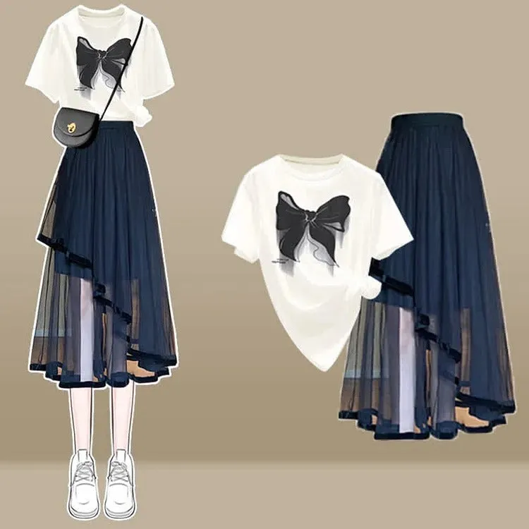 Chic Cartoon Print T-Shirt Irregular Tulle Skirt Two Piece Set