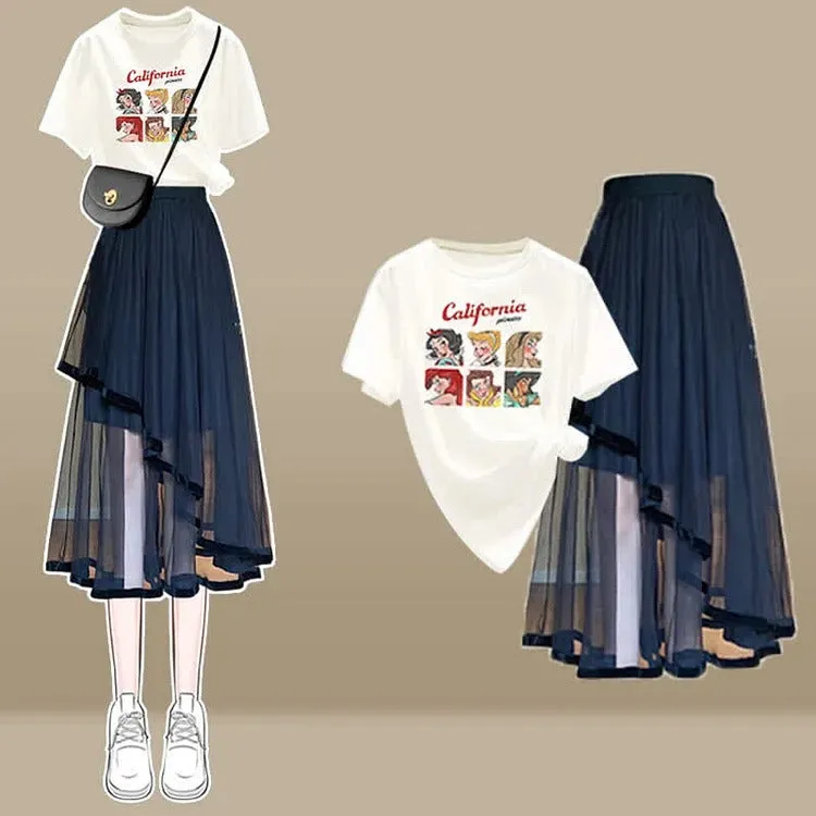 Chic Cartoon Print T-Shirt Irregular Tulle Skirt Two Piece Set