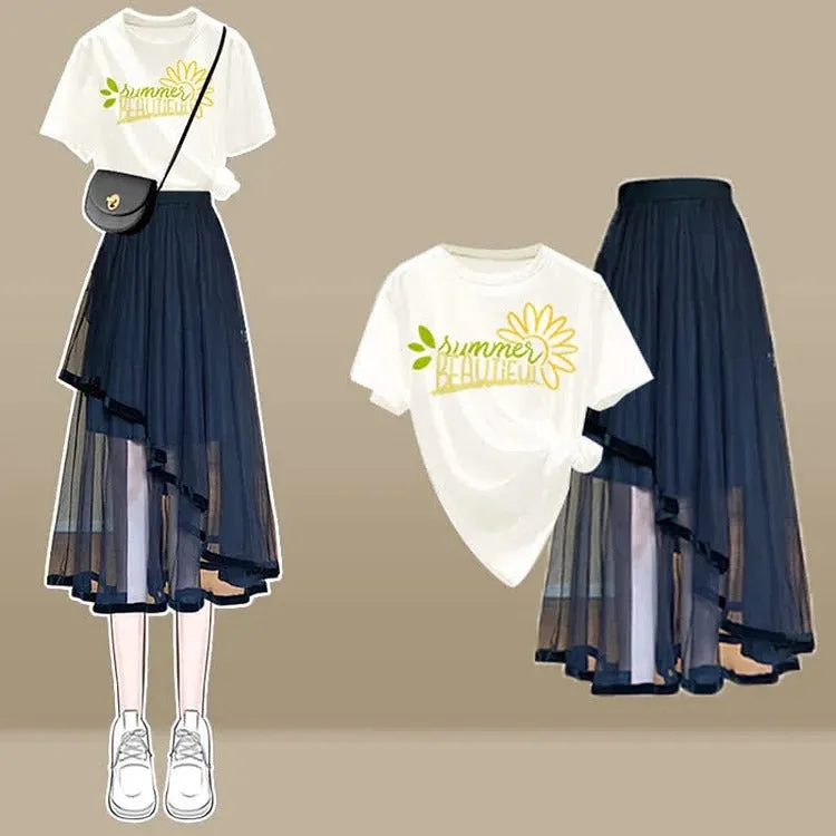 Chic Cartoon Print T-Shirt Irregular Tulle Skirt Two Piece Set