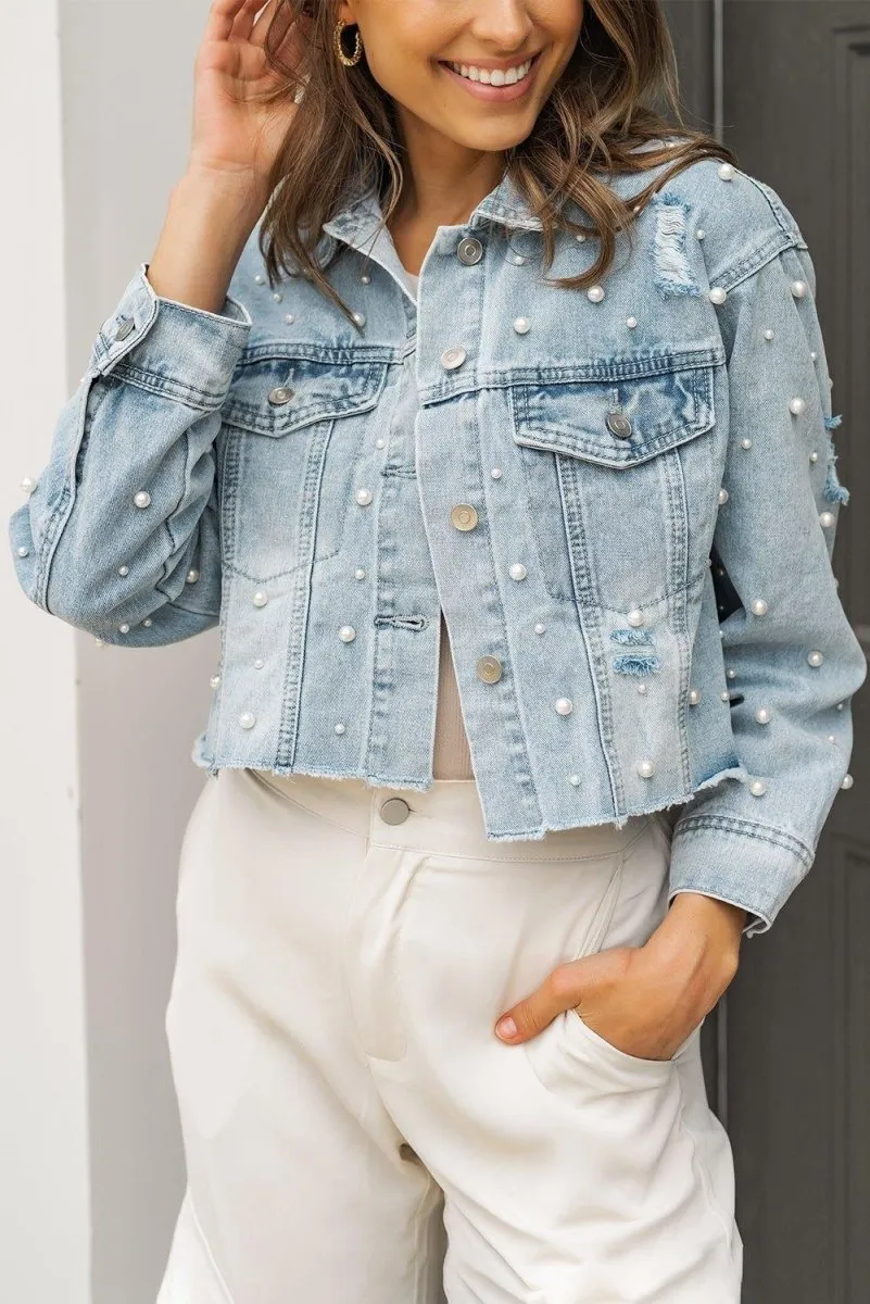 Cropped Beaded Pearls Denim Jacket