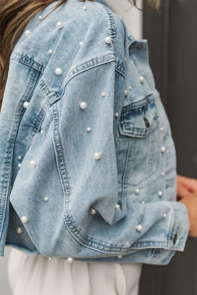 Cropped Beaded Pearls Denim Jacket