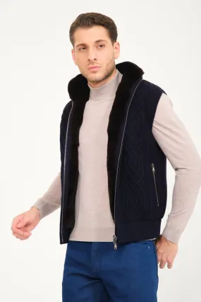 Dark Blue Grey Wool & Rex Fur Knit Vest