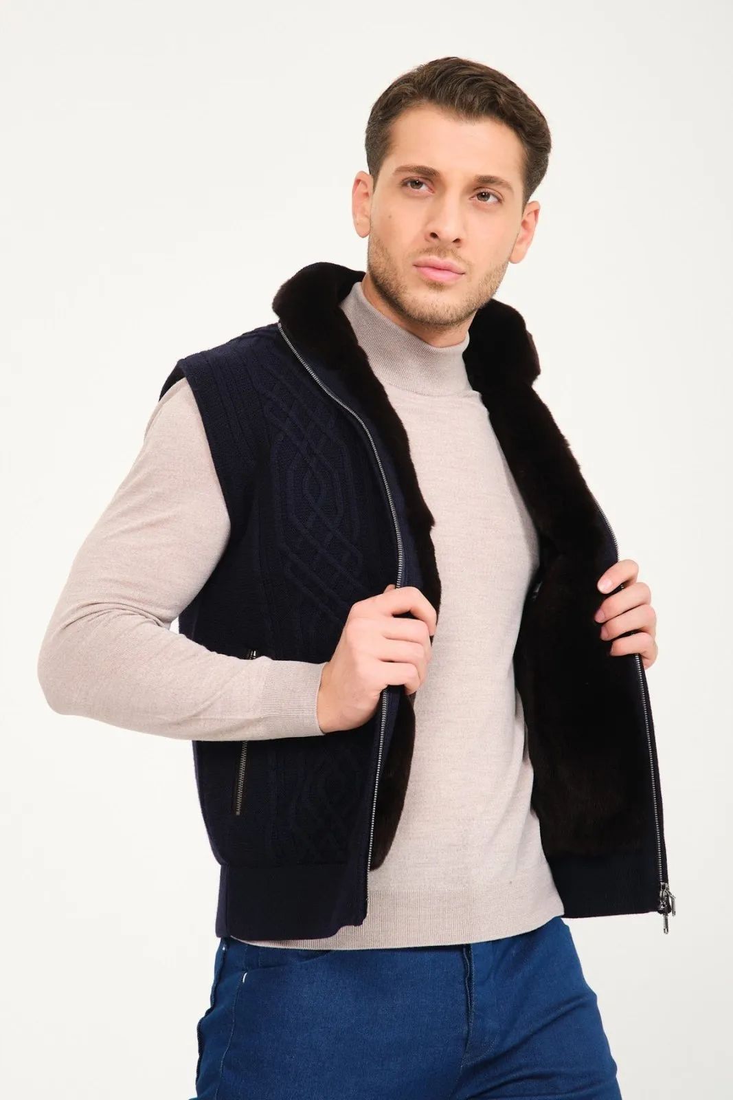 Dark Blue Grey Wool & Rex Fur Knit Vest