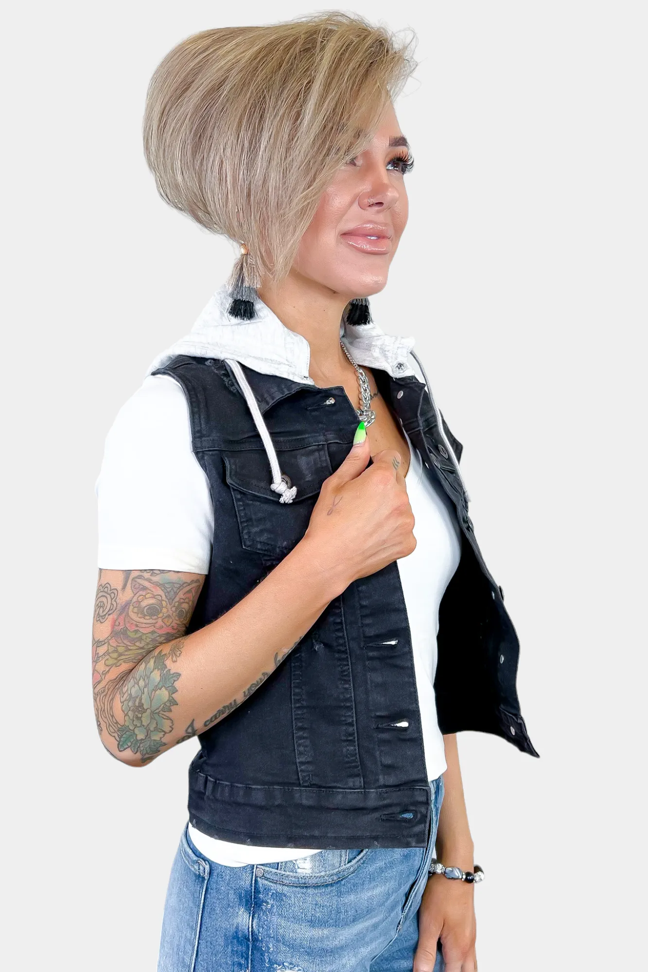 Distressed Hooded Denim Vest