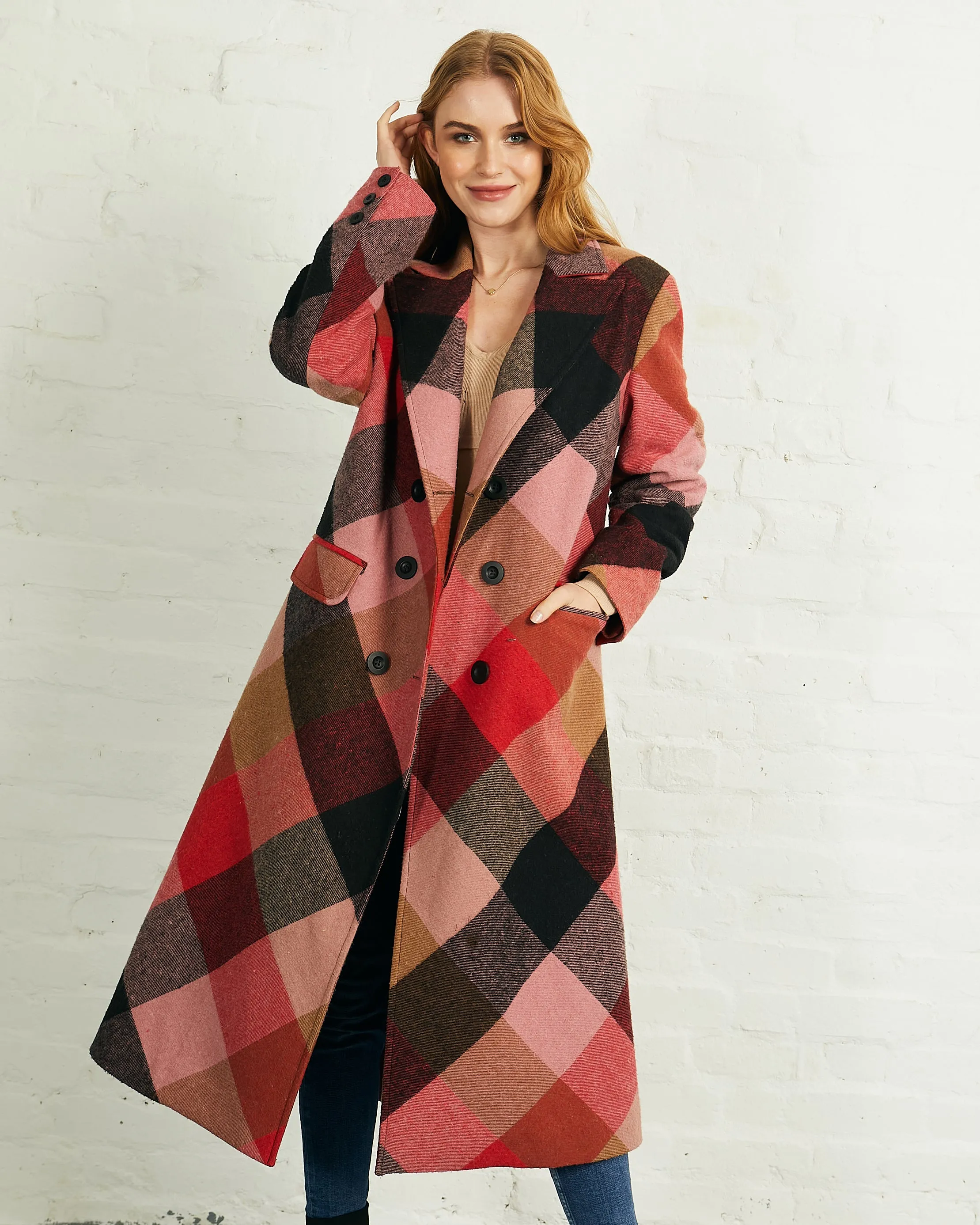 Double Breasted Long Coat in Bias Red Check