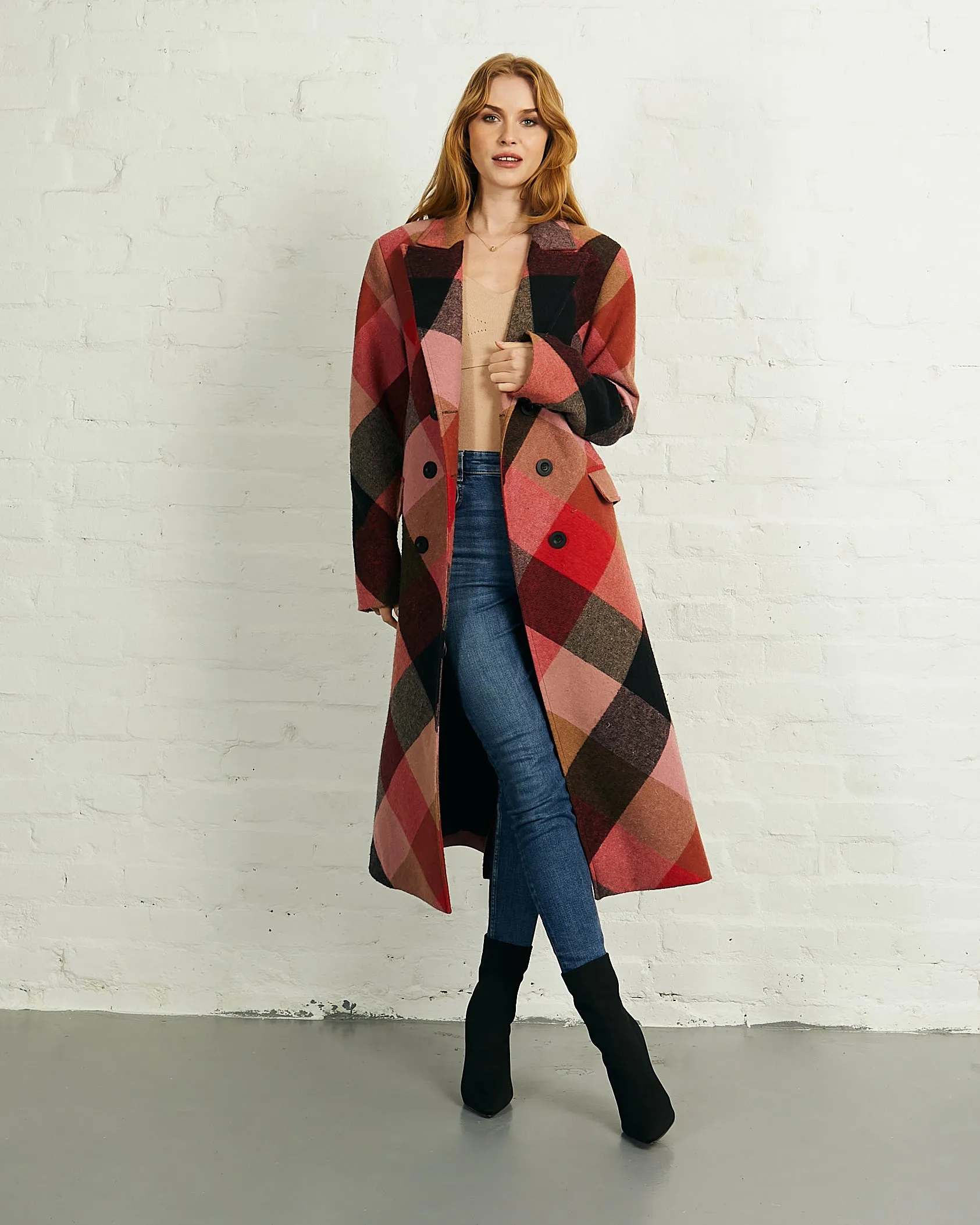 Double Breasted Long Coat in Bias Red Check